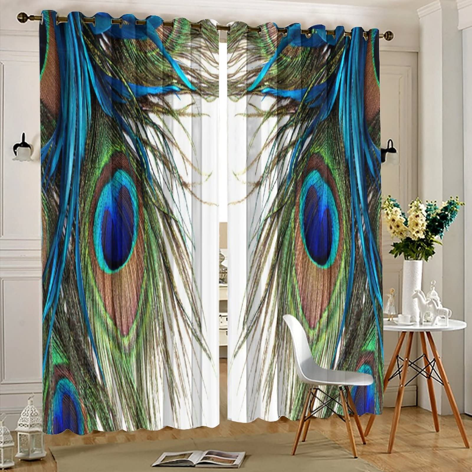 Peacock Blackout Curtains 55x63 Inch - 2 Panels Peacock Feather Print Grommet Window Drapes for Bedroom, Living Room & Kitchen - Light Blocking Thermal Insulated Room Darkening Curtains for Better Sleep & Energy Efficiency