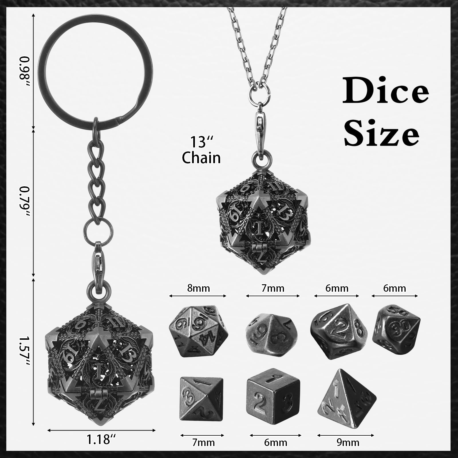 Syhood Mini Dice Set - 7 Pcs Tiny Metal Dice with Hollow D20, Necklace Case & Keychain for RPG Table Games | Portable Teacher & Mother Gift in Antique Silver | Perfect for D&D, Gifts & Travel Gaming Accessories