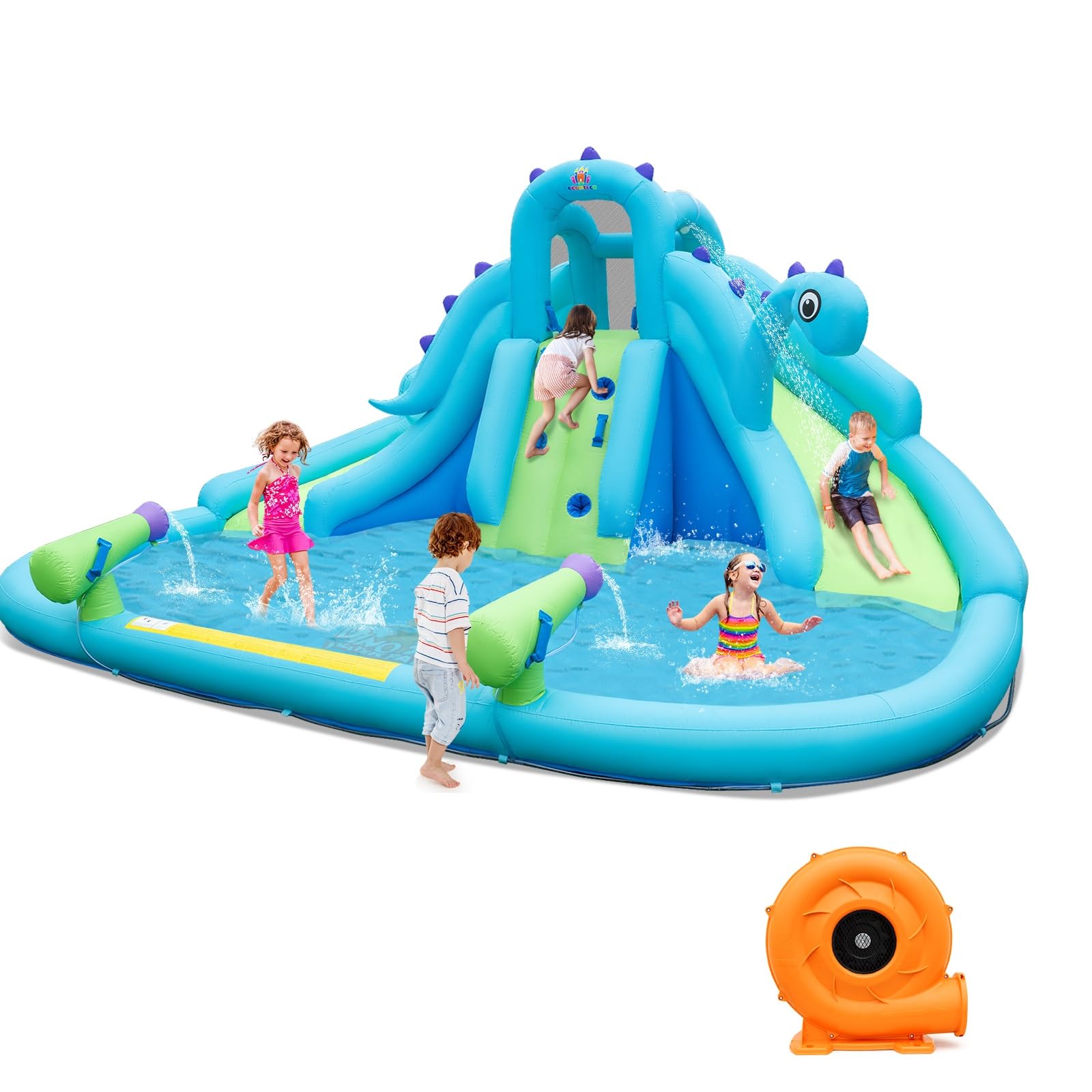 Dinosaur Inflatable Water Slide for Kids - BOUNTECH Mega Waterslide Park with Dual Racing Slides, Climbing Wall & Blower | Outdoor Backyard Water Play for Summer Parties, Birthday Gifts & Family Fun