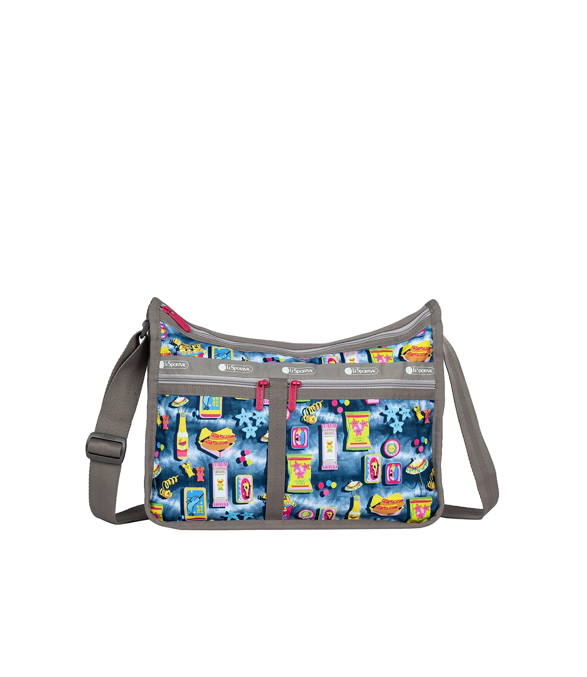 LeSportsac Beach Snacks Deluxe Crossbody Bag with Cosmetic Pouch - Vibrant Pop Art Design Featuring Hot Dogs, Fries & Tropical Drinks (Style 7507, Hot Pink) | Perfect for Beach Trips, Summer Outings & Everyday Use