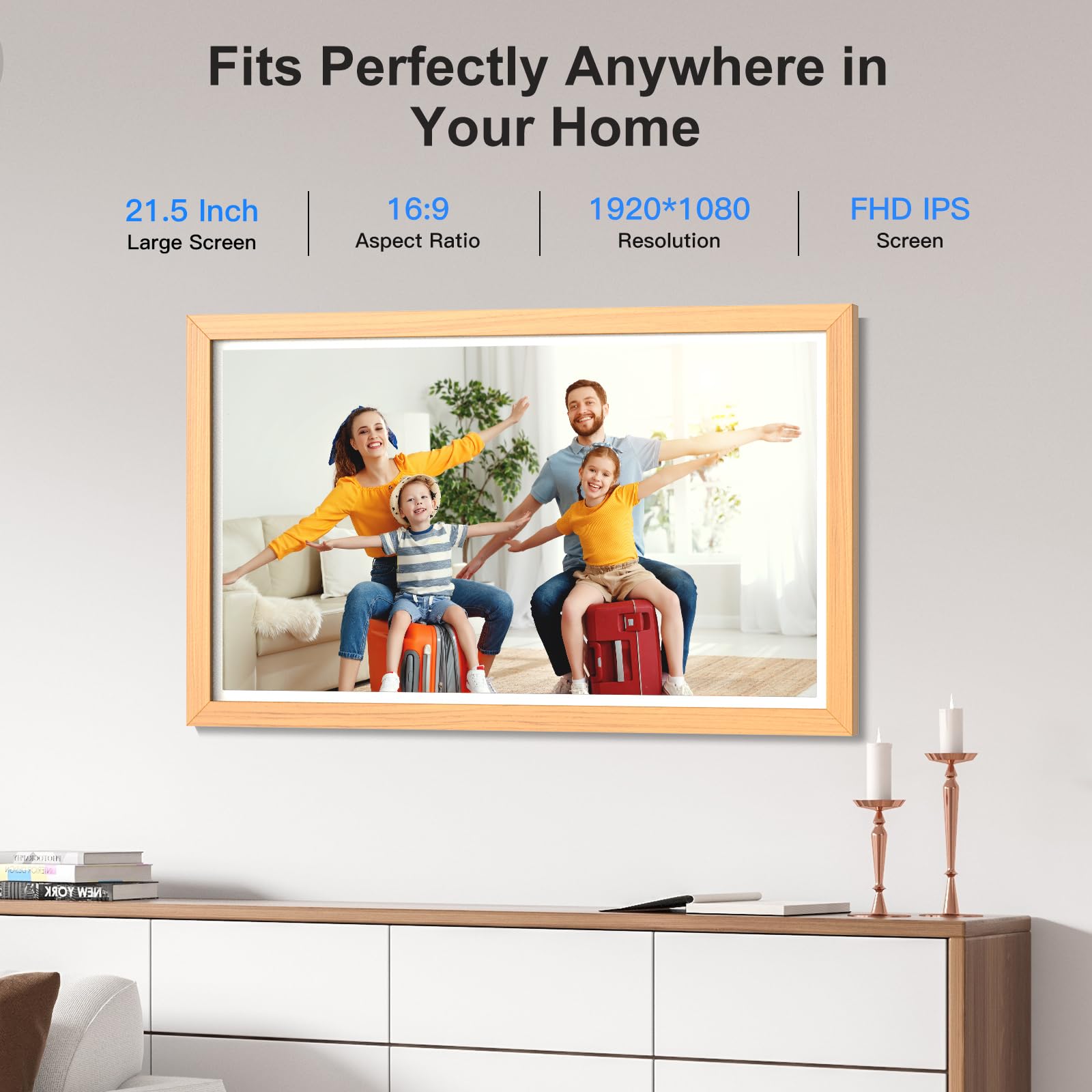 21.5-inch Smart Digital Picture Frame with 1920x1080 IPS Screen - Wireless Photo Sharing via App, Phone Mirroring, Perfect Gift for Family (Wood Effect) - Display Memories in Living Room, Bedroom or Office