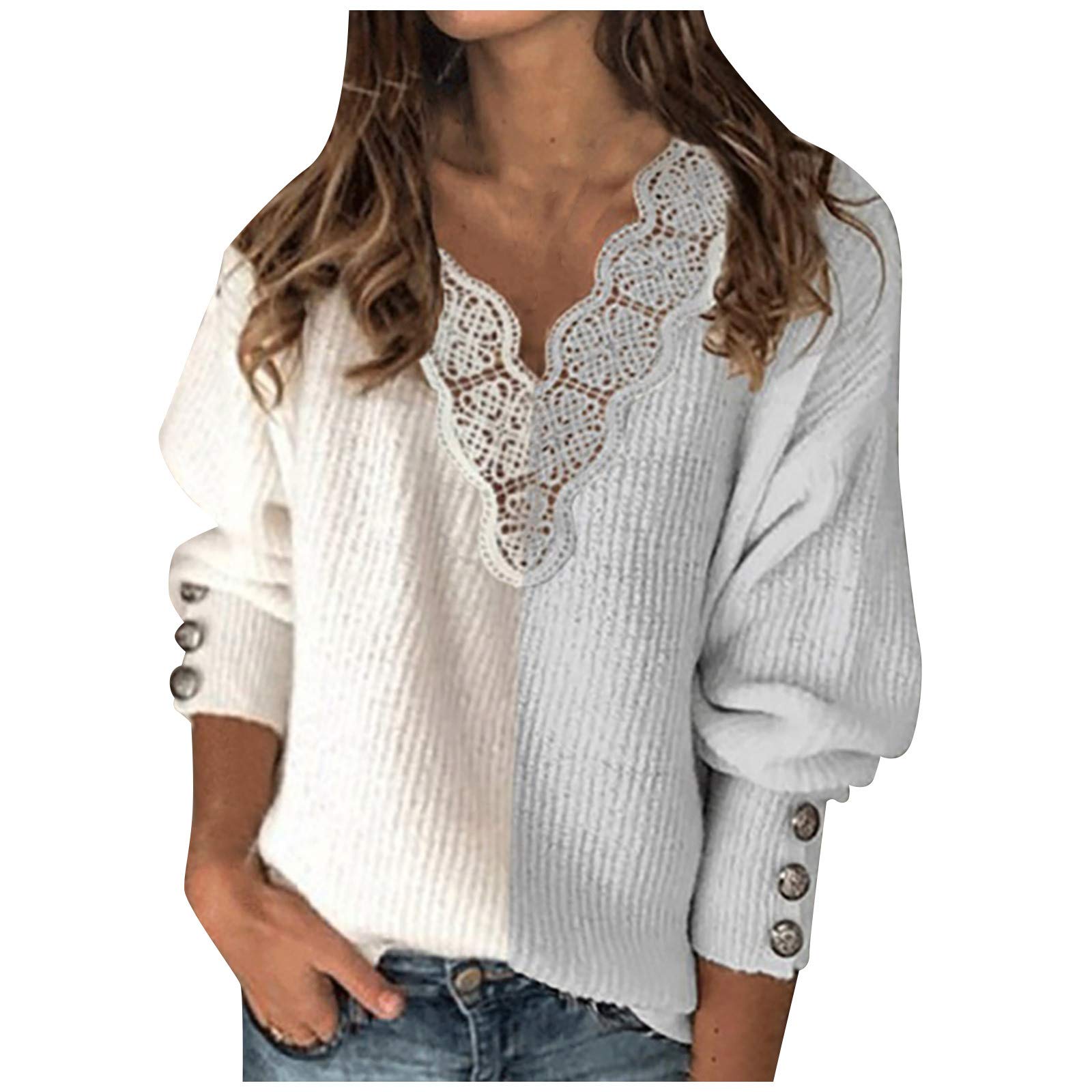 Women's Casual Long Sleeve V-Neck Lace Patchwork Sweatshirt Blouse - Black & White Comfy Tops for Daily Wear, Date Night & Office Outfits