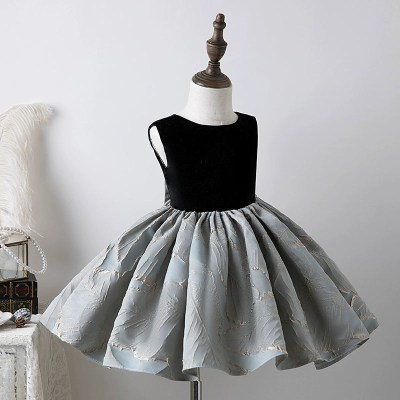 Black Princess Round Tea Length Satin Flower Girl Dress for Weddings, Birthday Parties & Special Occasions