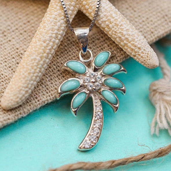 Larimar Palm Tree Necklace - Handmade Miami Beach Jewelry for Women - Perfect for Vacation, Summer & Boho Style Outfits