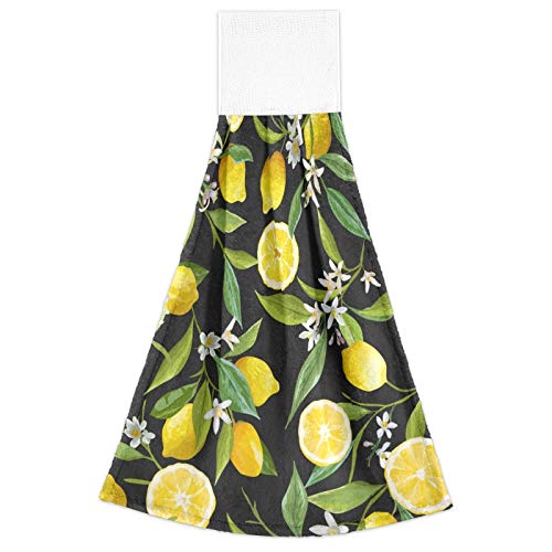 Lemon Flower Print Kitchen Hand Towels - 2 Pack Absorbent Cotton Hanging Towels with Loops for Bathroom, Kitchen & Home Decor | Fruit & Floral Leaves Design