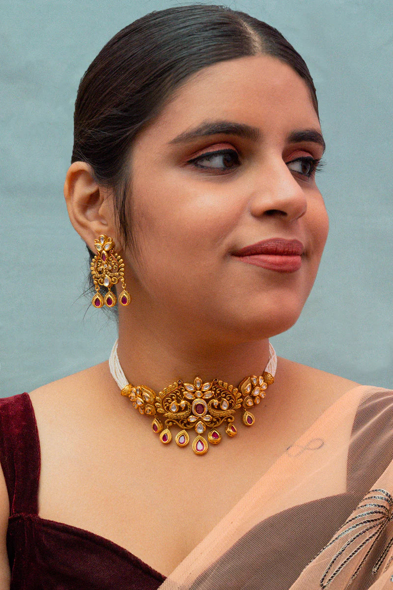 Luxury Gold Plated Royal Kundan Choker Necklace Set with Matching Earrings - Perfect for Weddings, Parties & Special Occasions