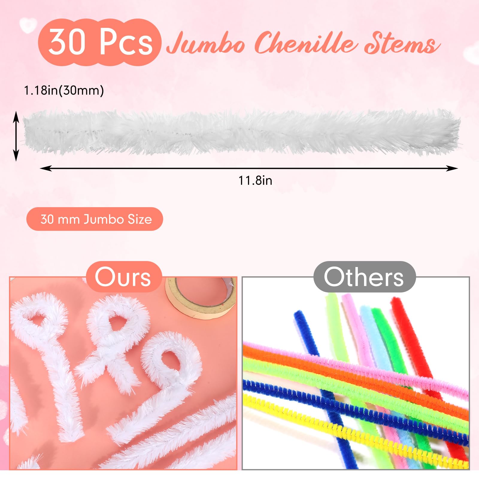Hotop 30 Pcs Extra Thick Pipe Cleaners - 30mm Jumbo Chenille Stems for DIY Crafts, Art Projects & Home Decor | Beginner-Friendly Craft Supplies (White) - Perfect for Classroom Activities, STEM Projects & Holiday Decorations