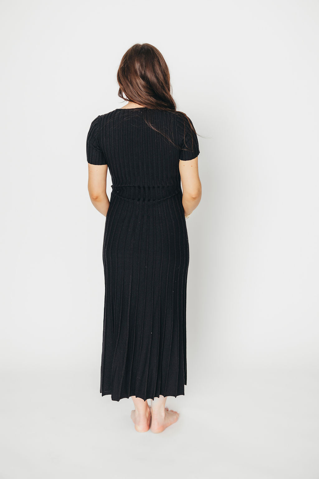 Winnie Front Bow Button Knit Midi Dress in Black - Bump Friendly Maternity Dress for Pregnancy, Nursing & Special Occasions