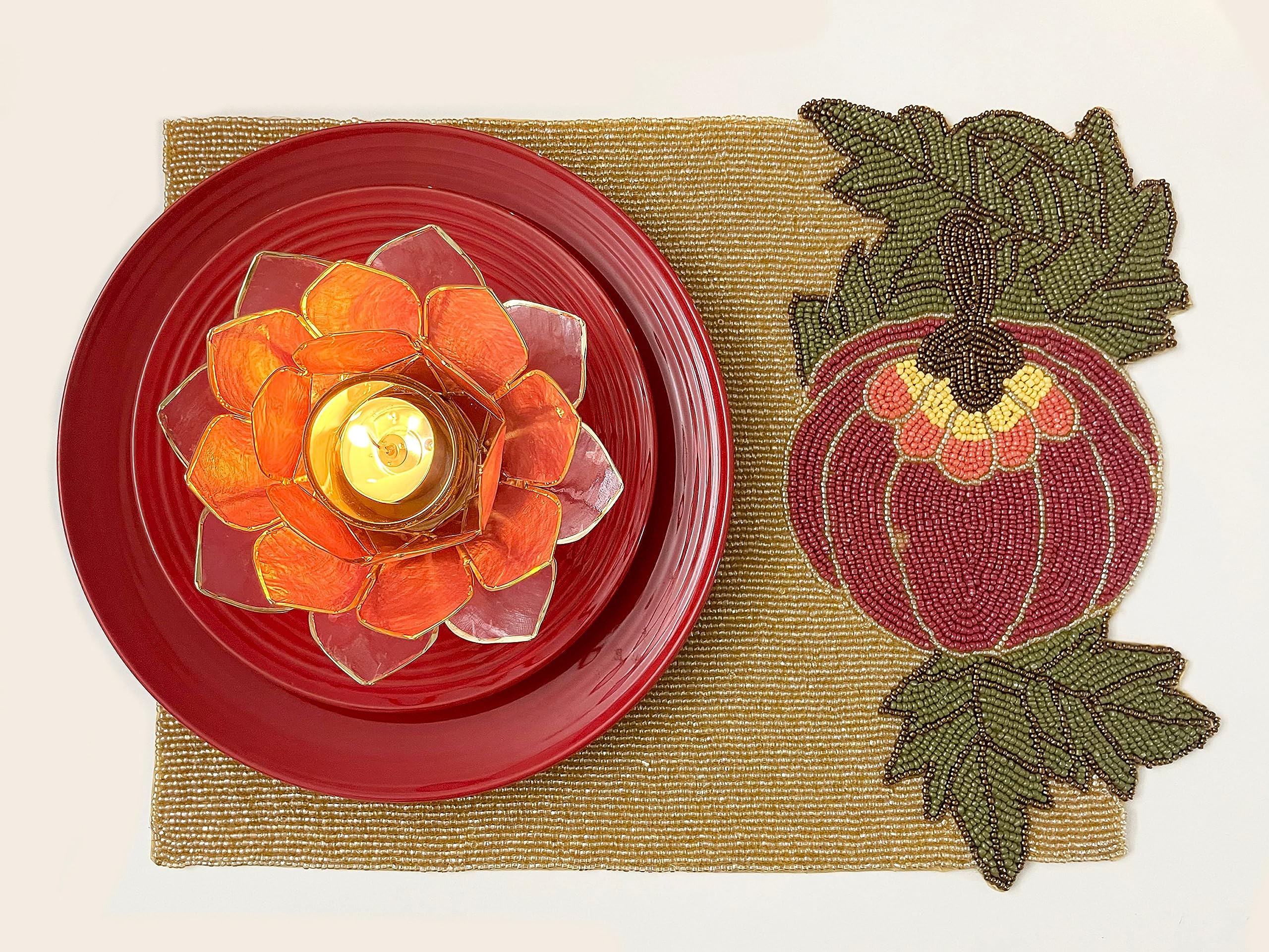 Set of 2 Handmade Beaded Placemats - Pumpkin Design Beaded Charger Plates for Fall Table Decor | Perfect for Thanksgiving, Autumn Dinner Parties & Seasonal Home Decor