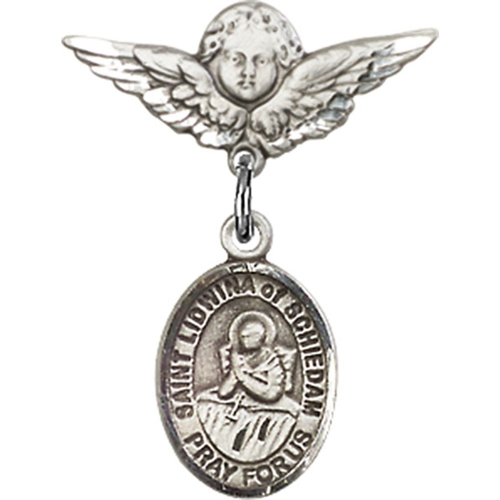 St. Lidwina of Schiedam Sterling Silver Baby Badge with Angel Wing Charm - 7/8 X 3/4 Inch Religious Jewelry Pin for Baptism, Christening & First Communion Gifts