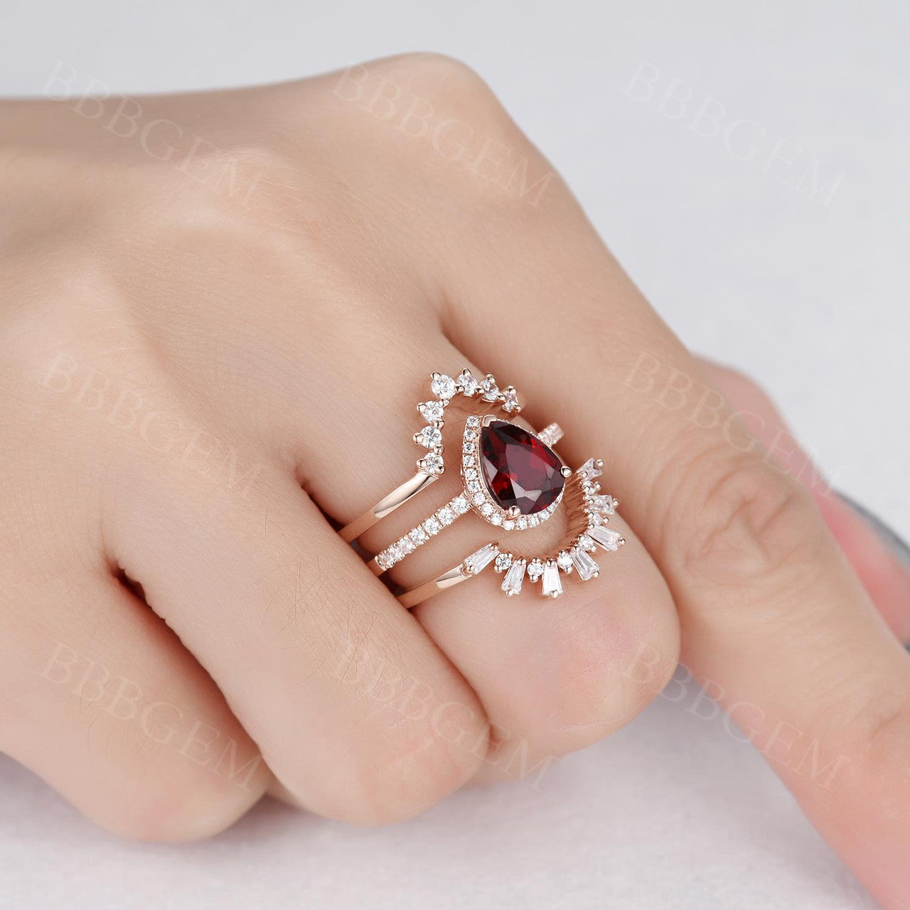 3Pcs Pear Garnet Vintage Engagement Ring Wedding Set - 1.2 Carat Diamond Band for Women, Bridal Jewelry, Anniversary Gift, Proposal & Special Occasions