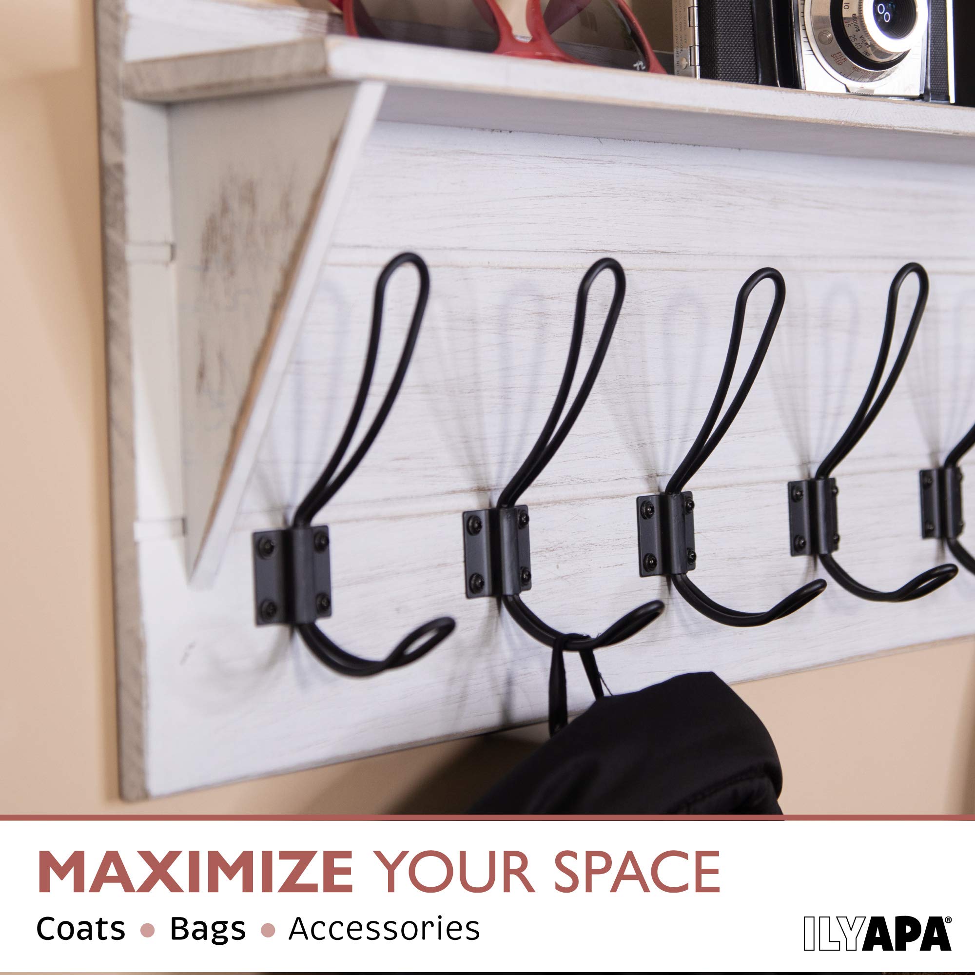 Ilyapa White Coat Rack Wall Mount with Shelf - Wooden Wall Mounted Coat Hanger with 5 Metal Hooks - Perfect for Hats, Jackets, Kitchen Towels & Bedroom Organization - Weathered White Finish - Ideal for Entryway, Mudroom, Bathroom & Home Decor
