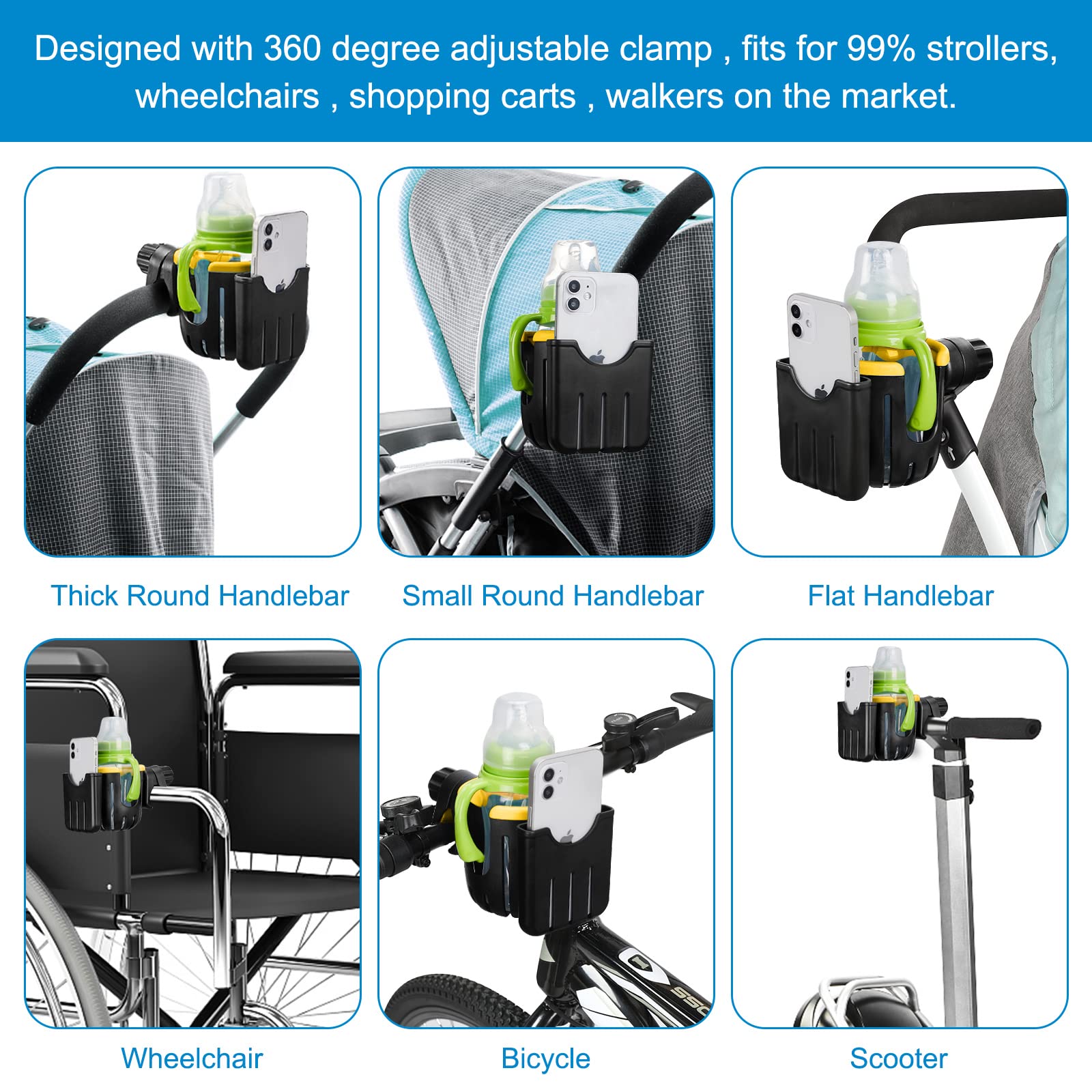 **Accmor Universal 2-in-1 Cup & Phone Holder for Strollers, Bikes, Walkers & Wheelchairs - Black & Yellow - Perfect for Parents, Cyclists & Seniors On-the-Go**