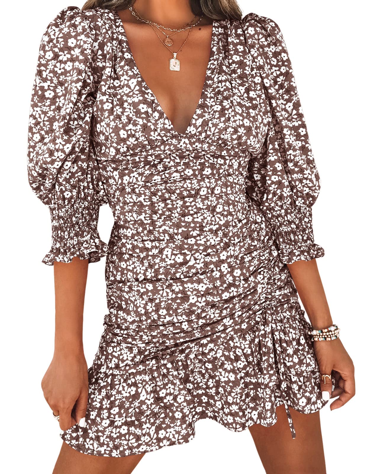 Teurkia Women's Floral Print Tunic Dress with Lantern Sleeves & V-Neck - Boho Chic Beach Cover Up, Summer Vacation Dress for Pool Party, Resort Wear and Casual Outings