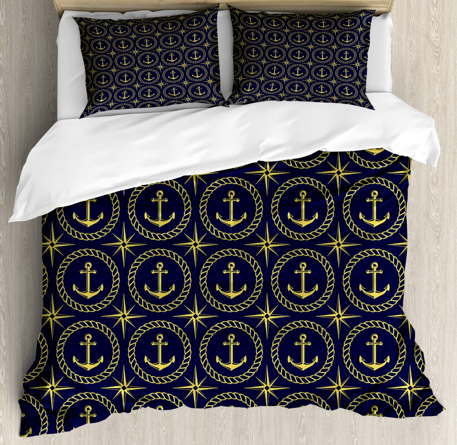 Ambesonne Anchor Duvet Cover Set - Abstract Cruise Ship & Windrose Nautical Design, 2-Pack California King Size Bedding Set with 2 Duvet Covers & 4 Pillowcases in Indigo & Yellow | Perfect for Cruise Enthusiasts, Nautical Themed Bedrooms & Travel Inspired Home Decor