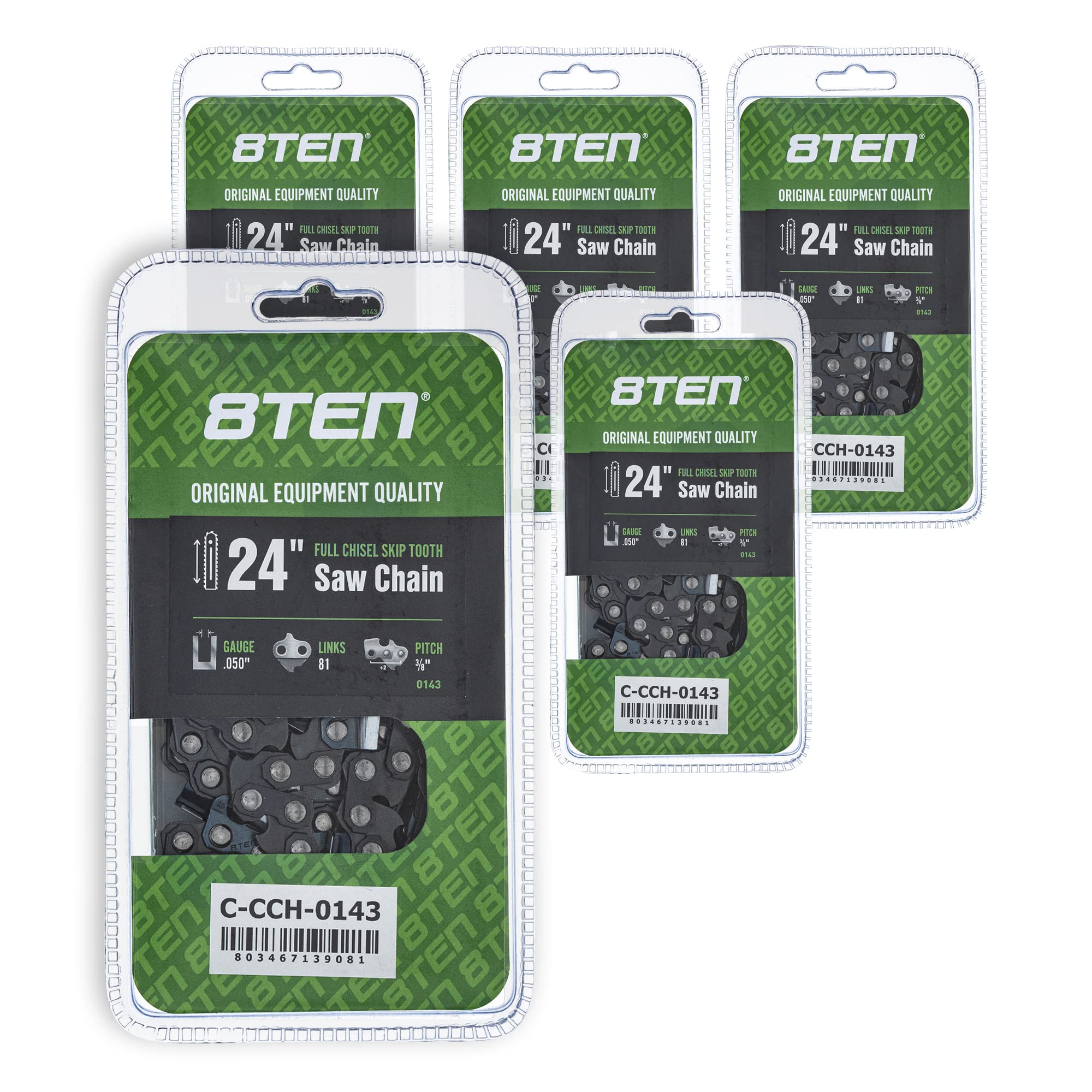 8TEN Full Chisel Skip Tooth Chainsaw Chain 24 Inch .050 Gauge 3/8 Pitch 81DL - Compatible with Echo CS-600P, Jonsered 2260, Craftsman - 5 Pack - Perfect for Professional Logging, Tree Cutting, and Firewood Preparation