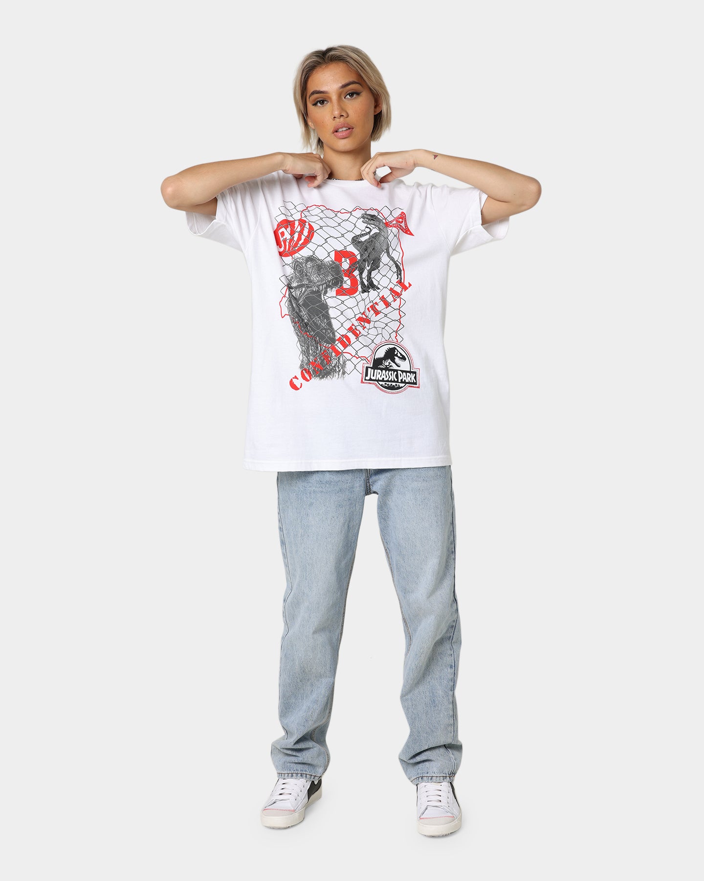 American Thrift Jurassic Park T-Shirt - White Cotton Tee with Dinosaur Print | Perfect for Movie Fans, Cosplay & Casual Wear