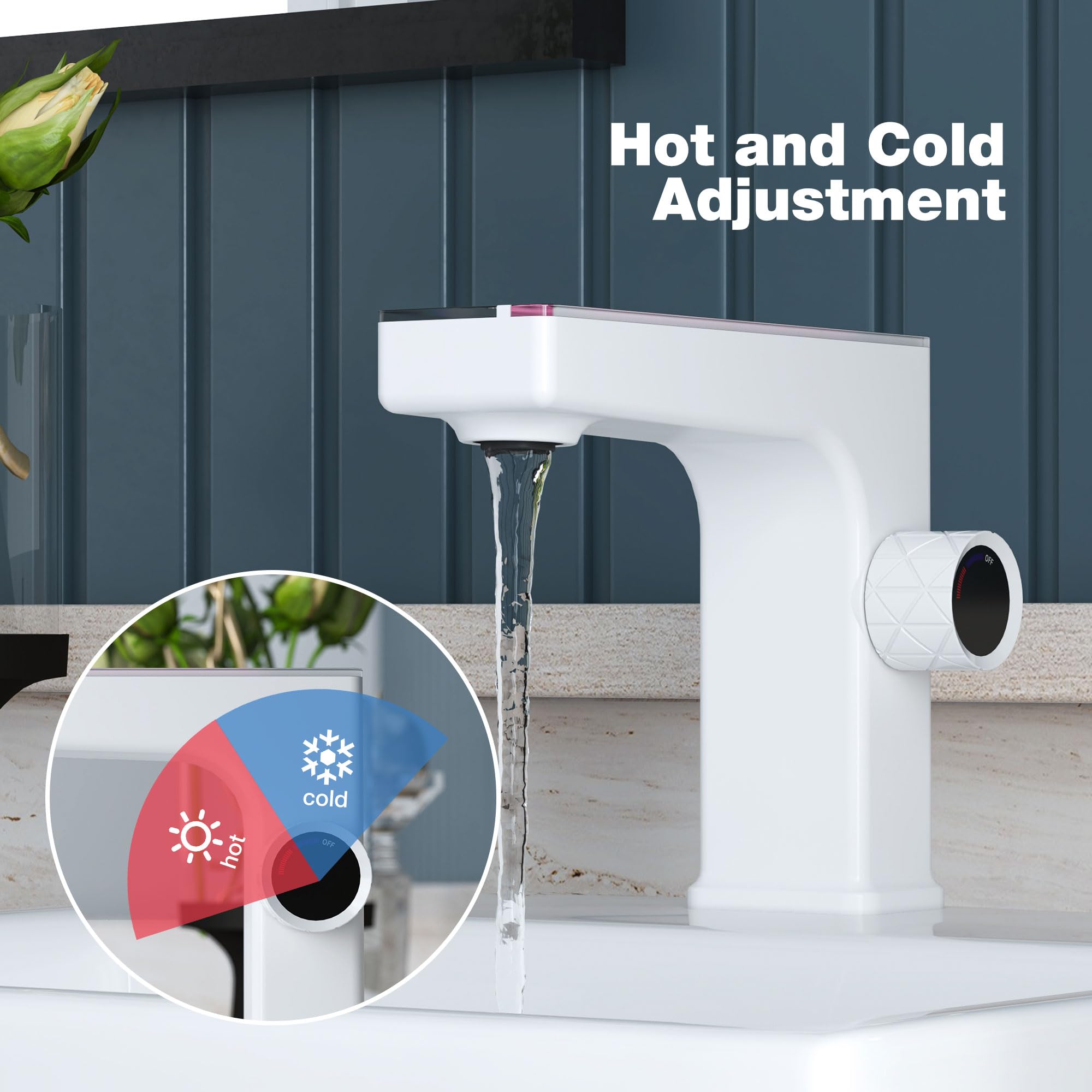 MEJE LED Bathroom Sink Faucet with Digital Temperature Display - Single Handle Brass Lavatory Faucet in Elegant White - Perfect for Modern Bathrooms, Powder Rooms & Spa-Like Vanities