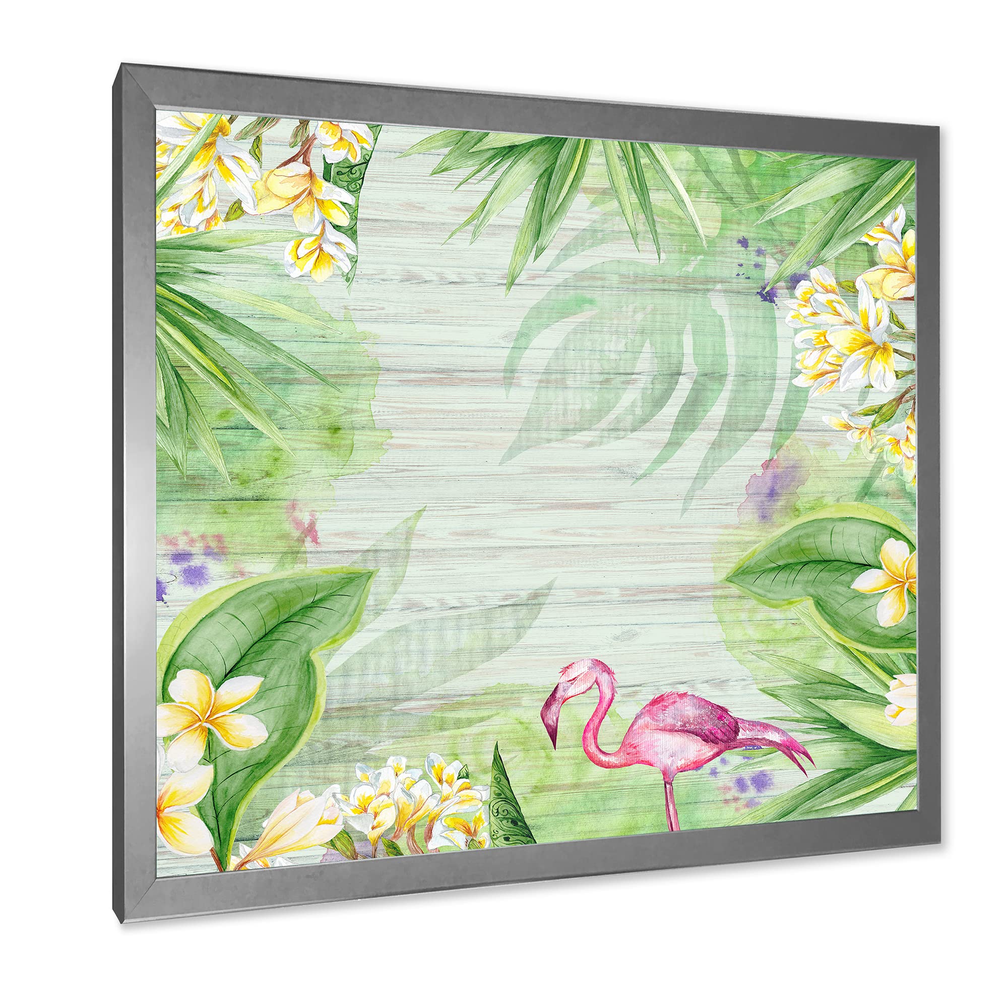DesignQ Tropical Foliage Wall Art - Yellow Flowers & Flamingo Modern Framed Canvas Print - Perfect for Living Room, Bedroom & Office Decor
