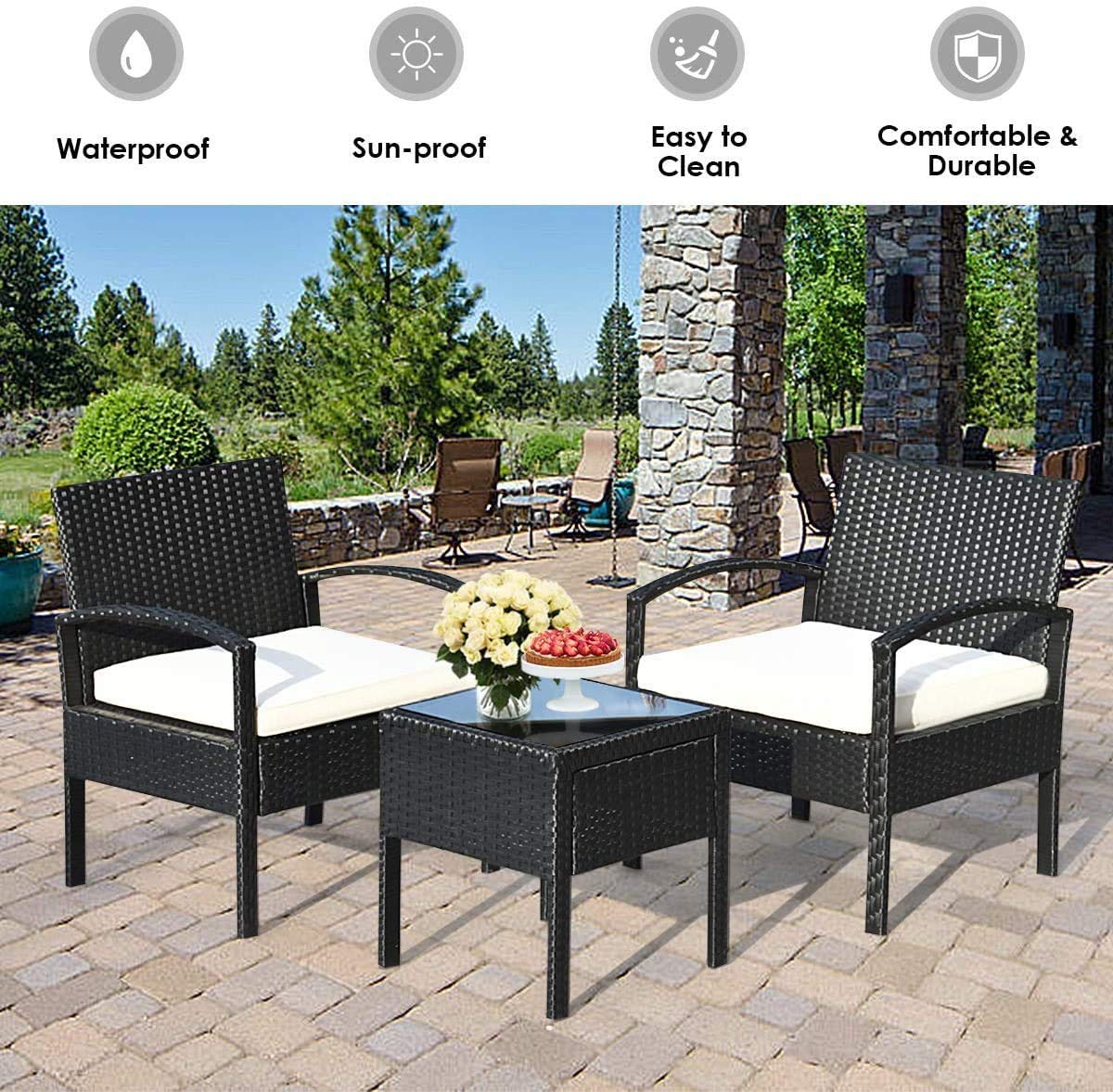 3-Piece Outdoor Patio Furniture Set - Rattan Wicker Conversation Chairs with Beige Cushions & Tempered Glass Coffee Table - Perfect for Backyard, Porch, Poolside, Garden, and Lawn Relaxation