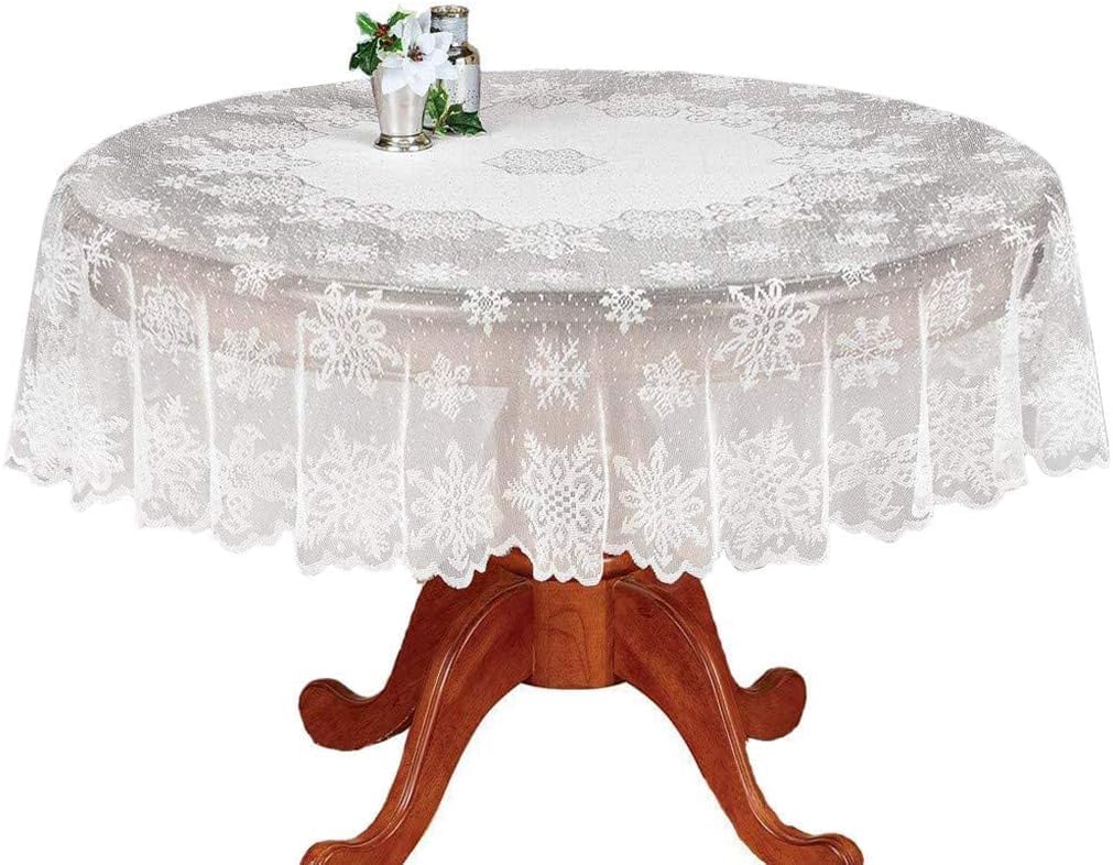 WUBODTI 70 Inch Round White Christmas Tablecloth with Snowflake Lace & Floral Embroidery - Elegant Sheer Dining Table Cover for Restaurants, Coffee Shops, Kitchen & Holiday Decor | Perfect for Christmas Parties, Family Gatherings & Festive Dining