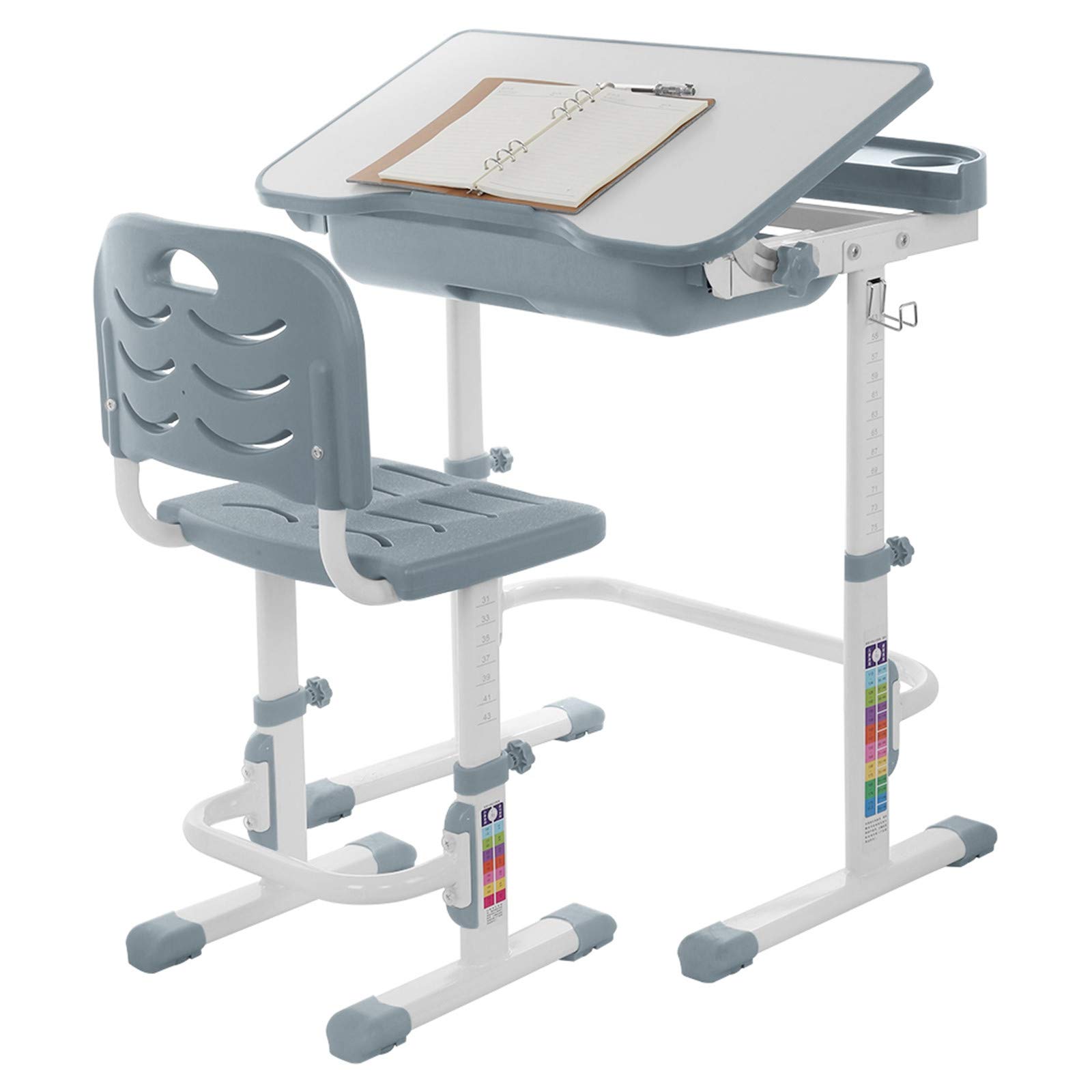 Adjustable Height Kids Desk and Chair Set with Bookstand & Storage Drawer - Ergonomic Study Table for Boys & Girls - Perfect for Homeschooling, Online Learning & Homework (Gray) - US Direct Shipping