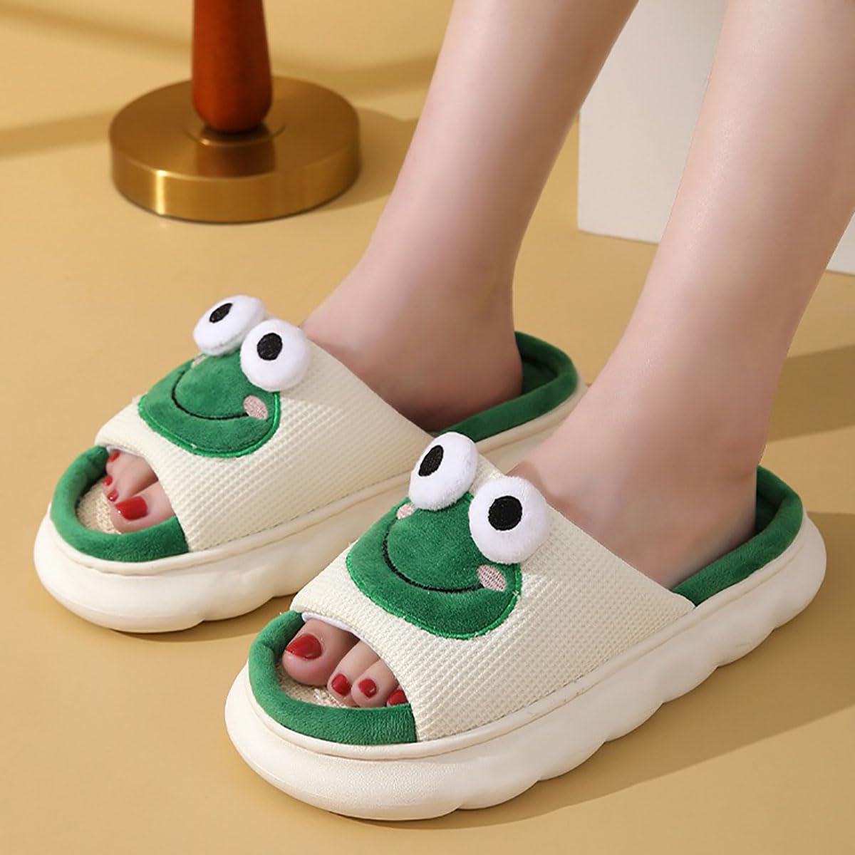 Women's Cow Print Slippers - Cute Cartoon Frog House Shoes - All Season Indoor Non-Slip Linen Slippers for Women - Cozy Home Wear, Perfect for Lounge, Bedroom & Gift Giving