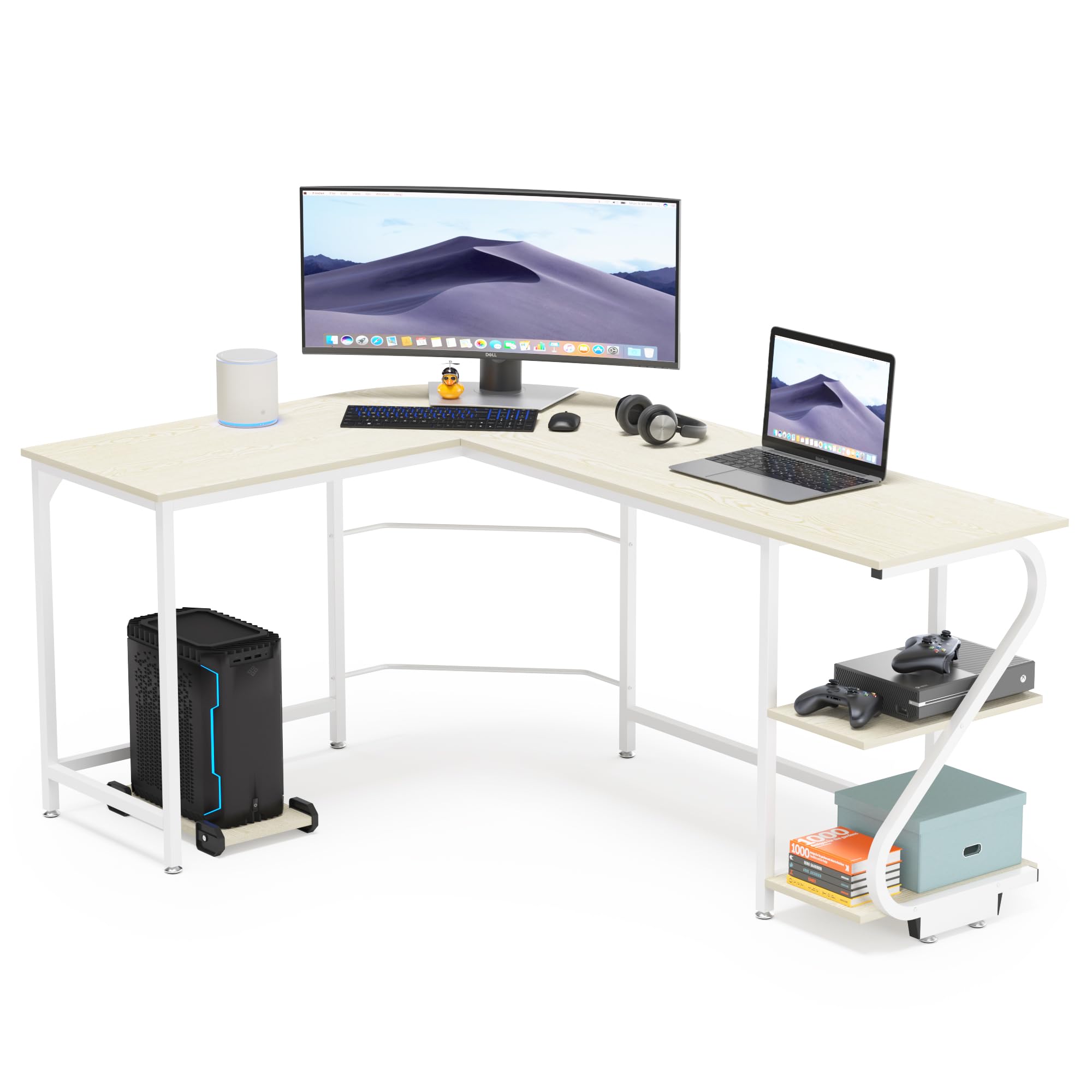 Weehom Reversible L-Shaped Computer Desk with Storage - Home Office Gaming Workstation, Corner Writing Table for Small Spaces, Beige - Perfect for Home Office, Gaming Setup & Study Spaces