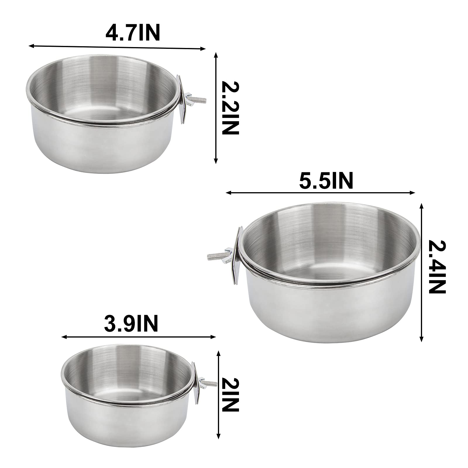 3 Pack Stainless Steel Bird Feeding Dish Cups with Clamp Holder - Parrot Food Bowl & Water Feeder for Cockatiel, Conure, Budgies, Parakeet, Macaw, Finches, Lovebirds - Perfect for Birdcage, Coop & Small Animal Cages