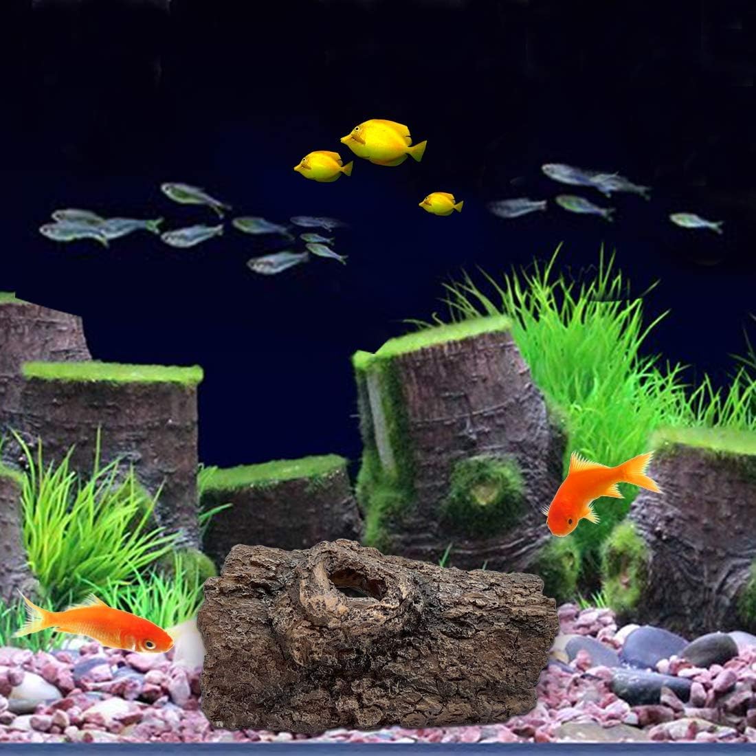 Resin Aquarium Cave Decor - Hollow Tree Trunk Hideout for Fish & Turtles - 6.1x3.9x3.1IN - Perfect for Betta & Shrimp Tanks