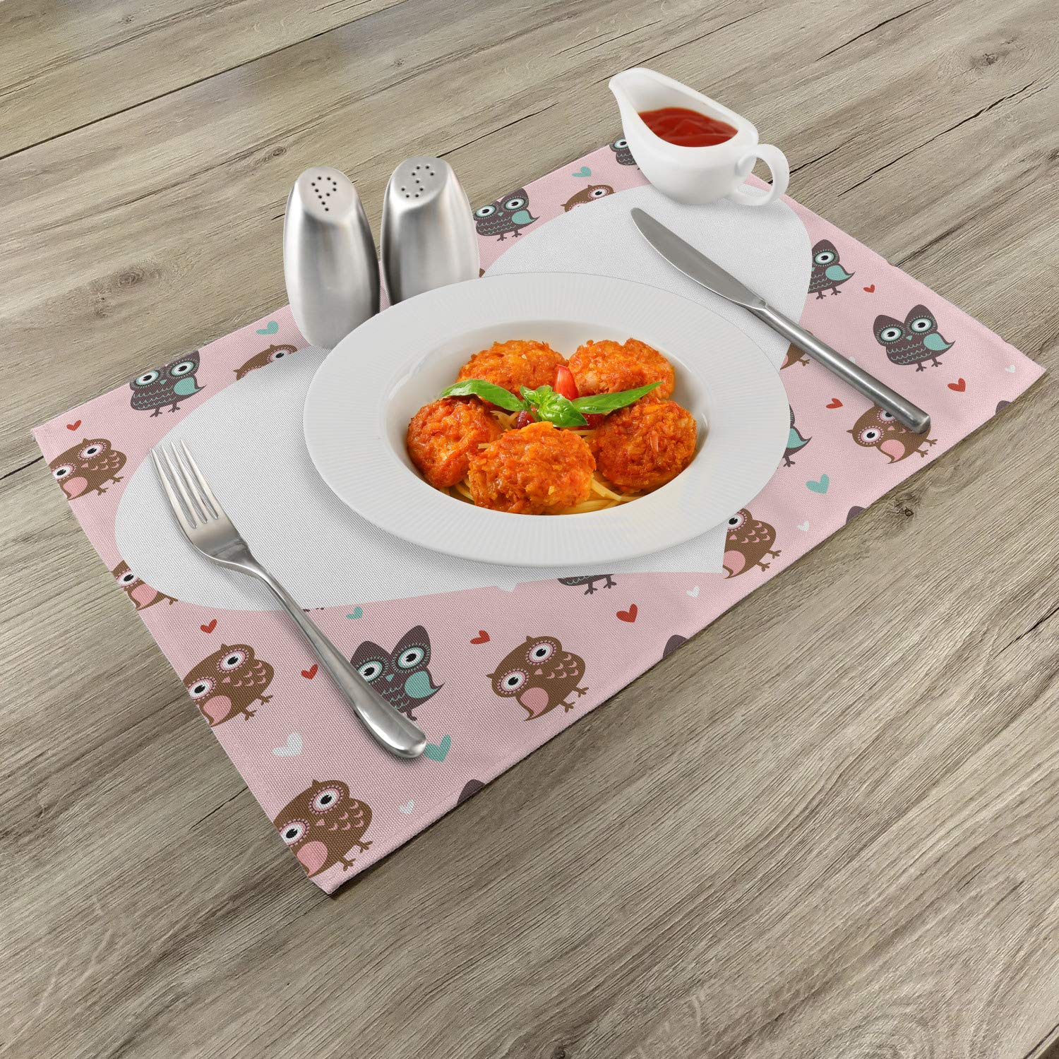 Lunarable Owls Place Mats Set of 4 - Romantic Honeymoon & Engagement Table Decor with Love Message Hearts, Washable Fabric Dining Mats for Kitchen & Dining Room in Pale Pink & White - Perfect for Wedding Anniversaries, Bridal Showers & Couples' Romantic Dinners