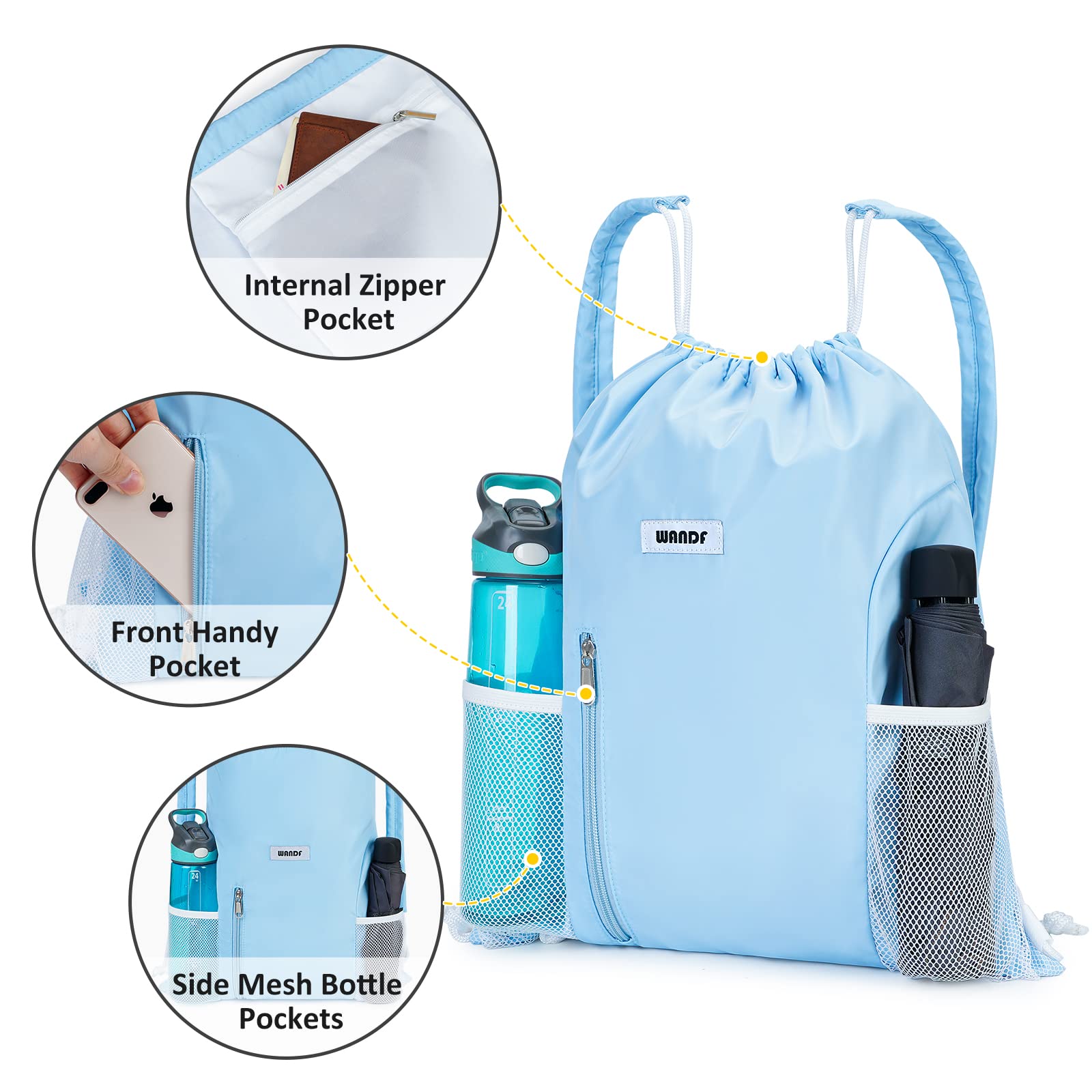 WANDF Drawstring Backpack with Shoulder Pad - Gym & Sports Bag for Men & Women - Perfect for Workouts & Travel