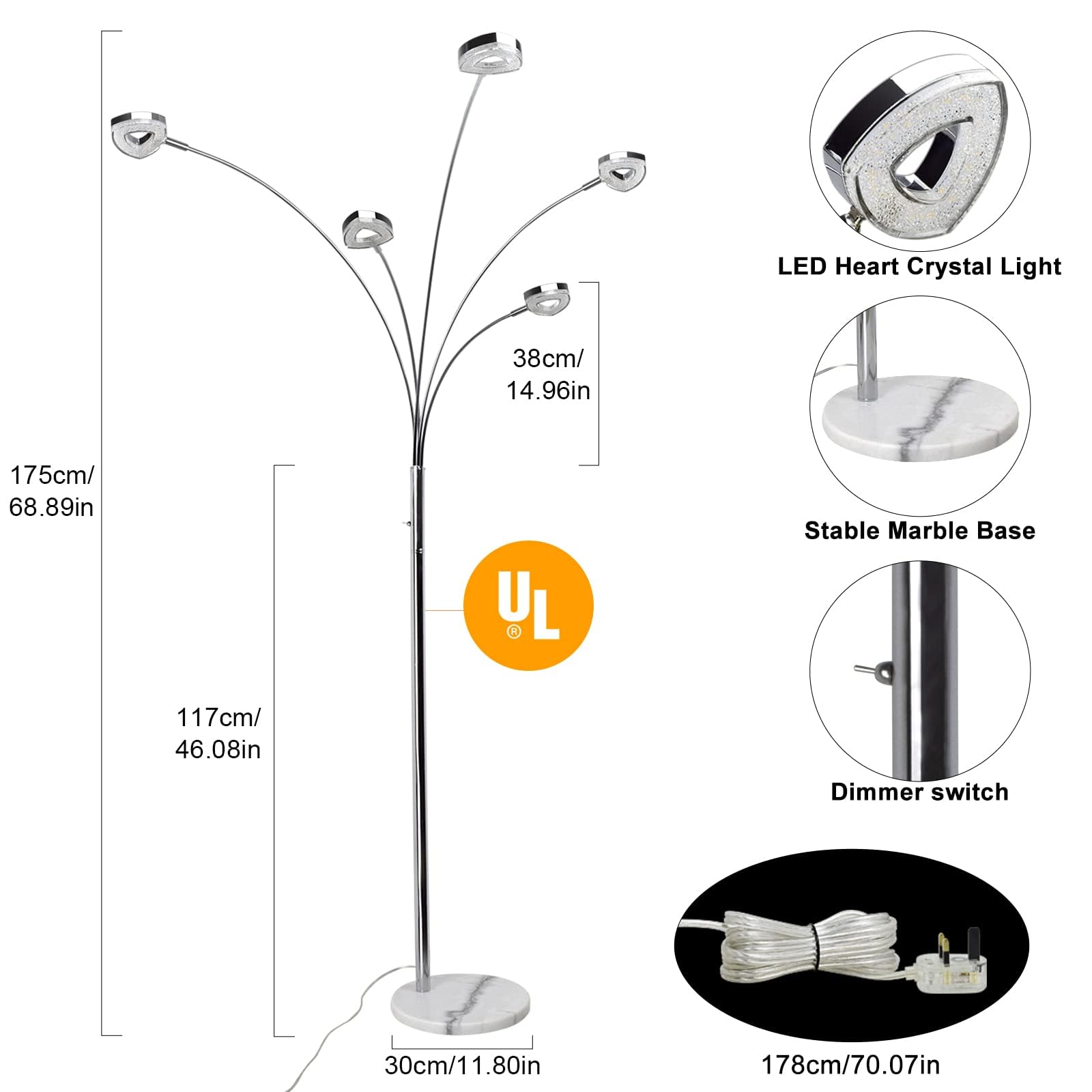 DINGLILIGHTING DLLT 5-Head Adjustable Arc Floor Lamp - Modern Spider Design with 5 Flexible Arms, 3 Brightness Levels (Warm White) - Silver Standing Tree Lamp for Living Room, Bedroom & Office - Perfect for Reading, Working and Ambient Lighting