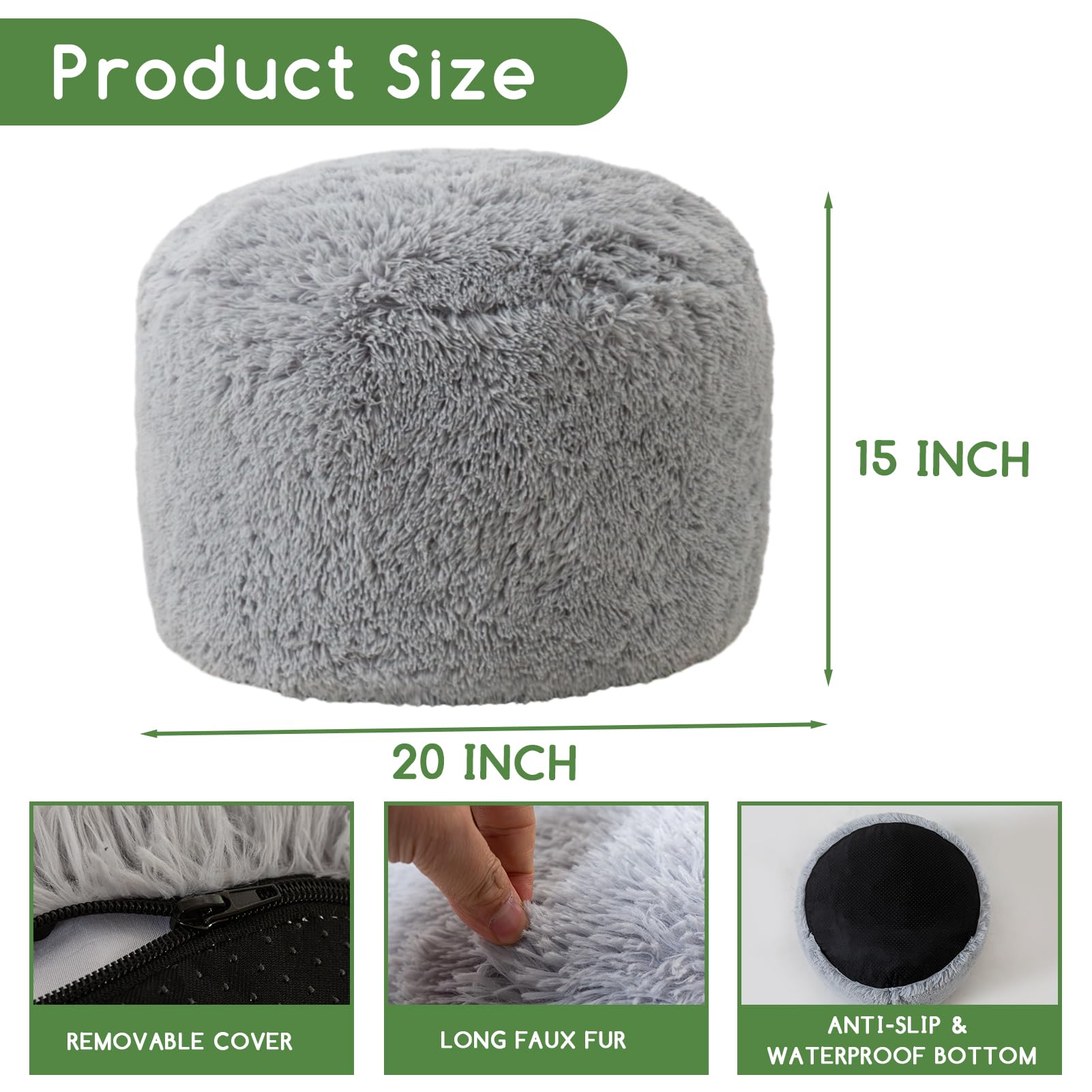 MAXYOYO Round Stuffed Pouf Ottoman - Soft Faux Fur Floor Cushion with Foam Chunk Filling, Grey Home Decor for Living Room, Bedroom & Nursery - Cozy Seating & Footrest for Relaxation