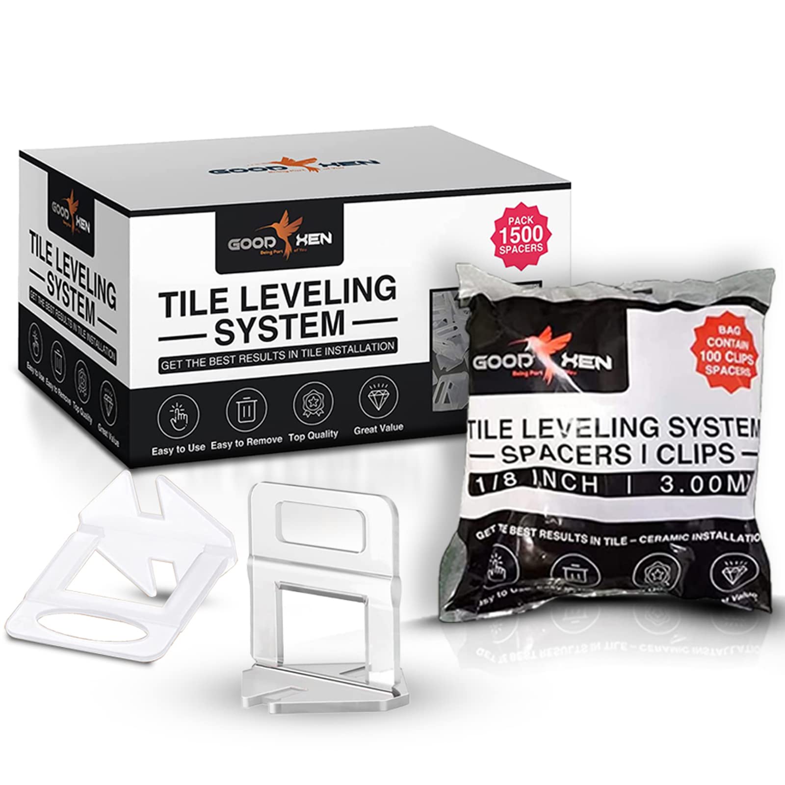 GOOD XEN Tile Leveling System – 1,500 Pcs Tile Spacers for Perfect Spacing & Level Surface – Professional Tile Installation Tools for Floors, Walls, Backsplash & Bathroom Renovation