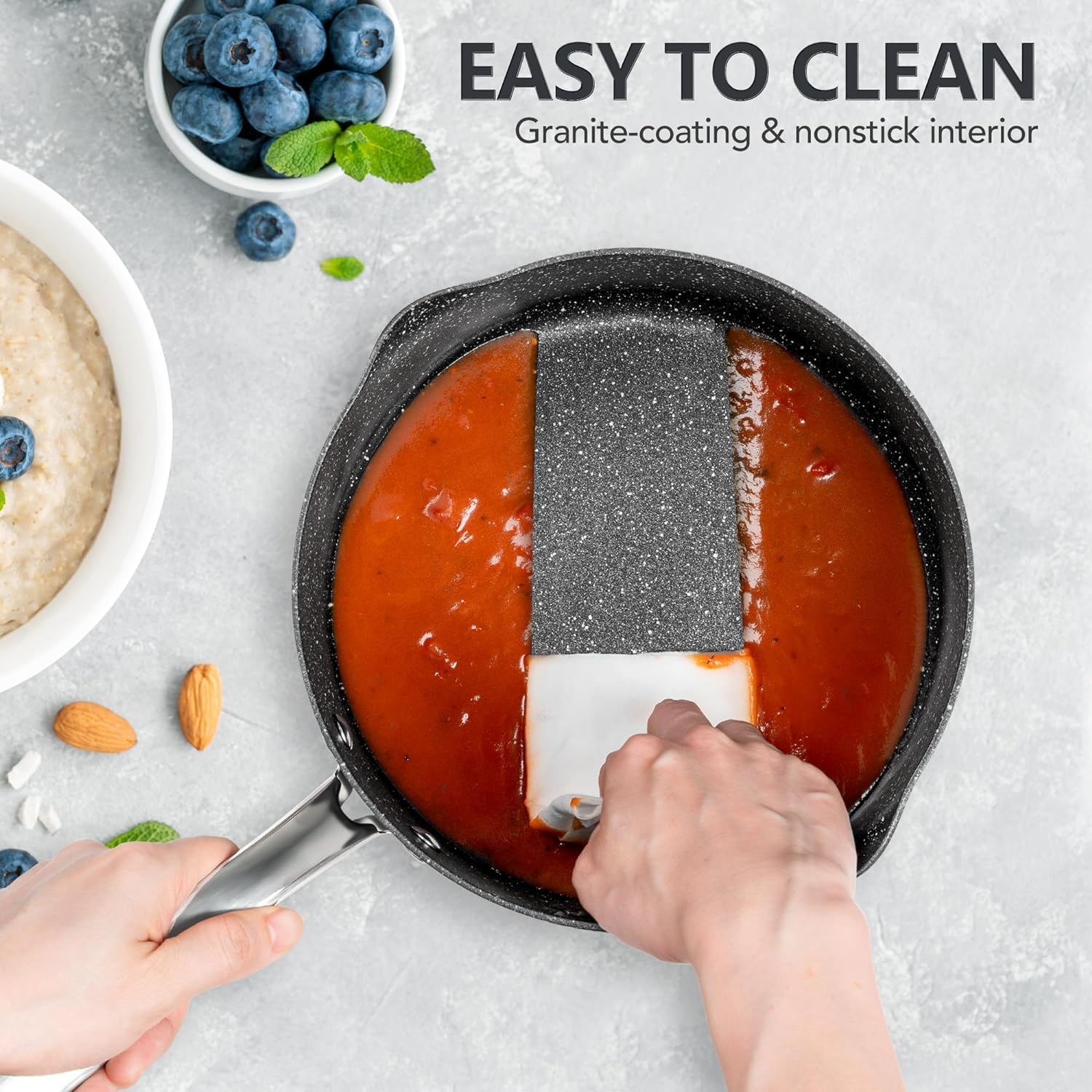 MICHELANGELO 3 Quart Nonstick Saucepan with Strainer Lid - Hard Anodized Aluminum Cooking Pot with Pour Spouts & Granite Coating - Perfect for Sauces, Soups, Pasta & Everyday Cooking (3 Qt)