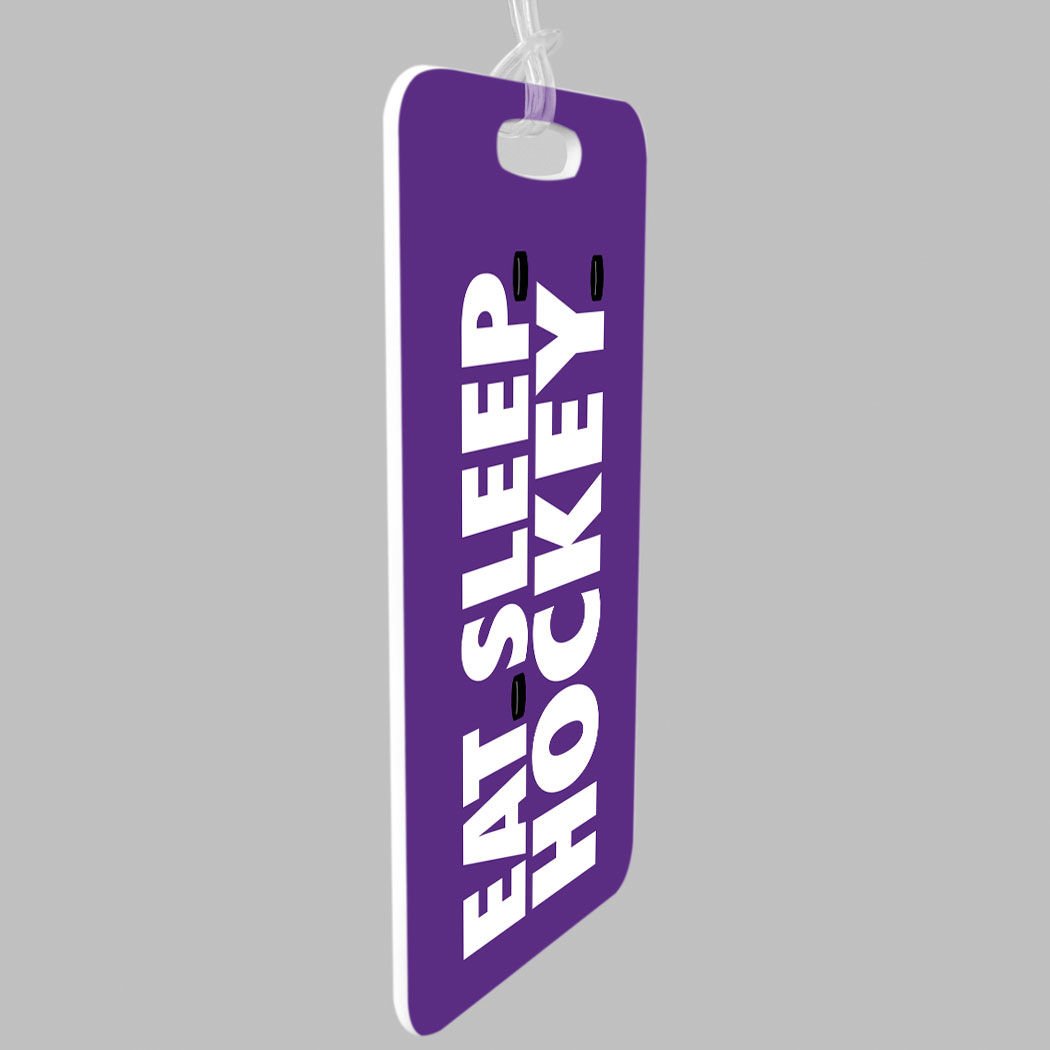 Custom Hockey Luggage Tag - Eat Sleep Hockey Design with Personal Info on Back - Small Purple Bag Tag for Travel & Sports Gear