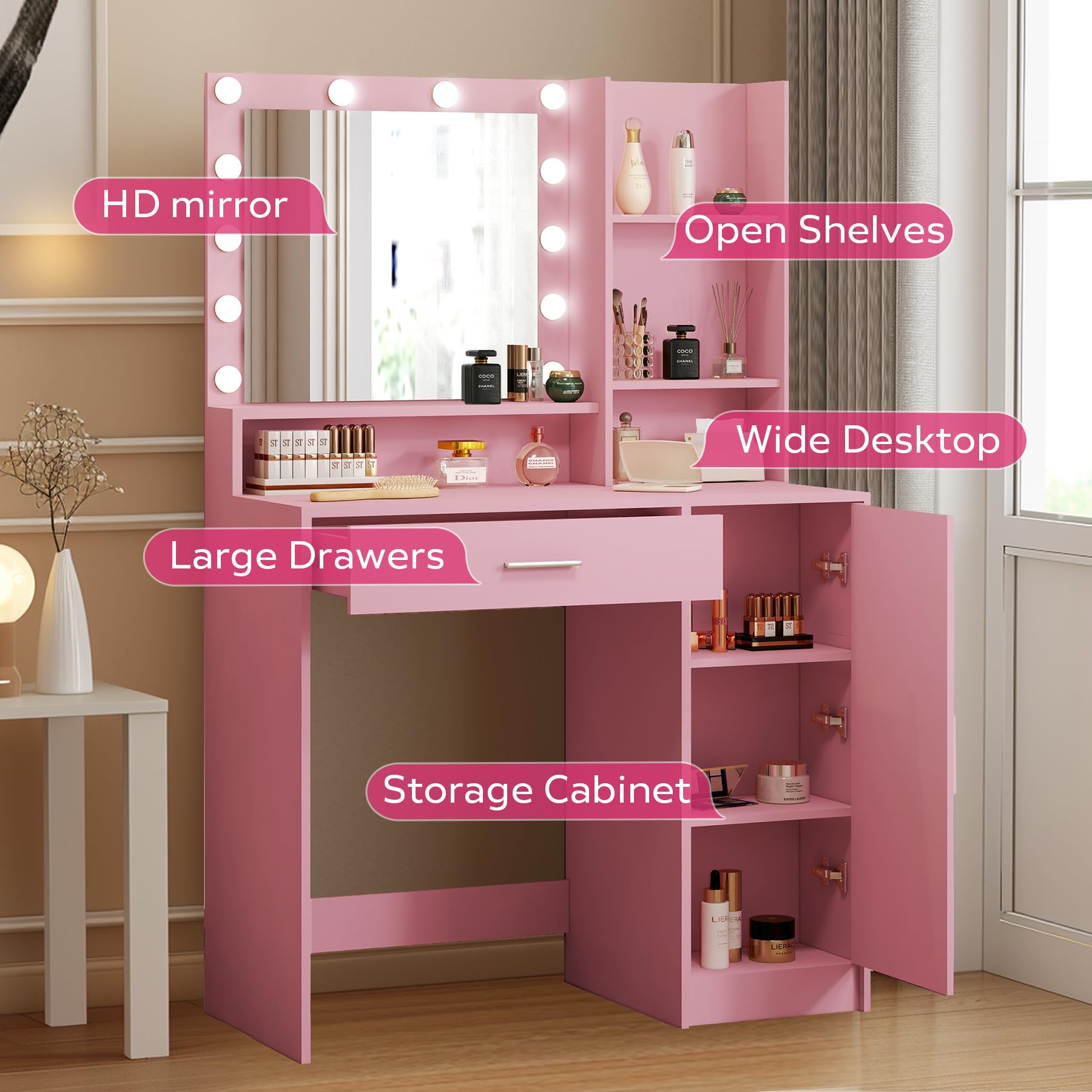 Vanity Desk with Mirror and Light - Large Drawer & 3-Tier Storage Dresser, 3 Adjustable Lighting Modes, Pink Makeup Dressing Table for Bedroom | Perfect for Makeup, Skincare & Jewelry Organization