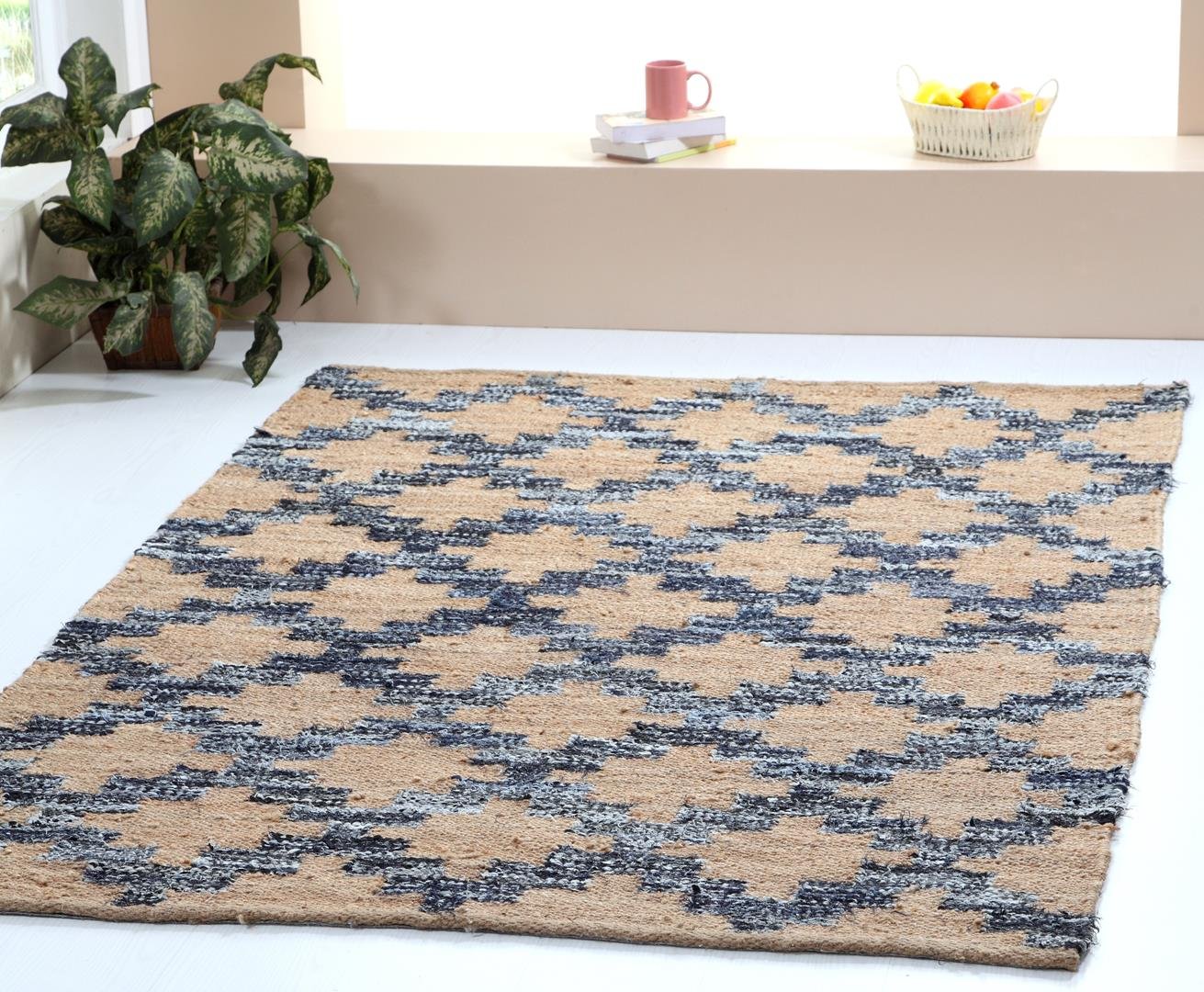 Handmade Jute & Cotton Area Rug - 5x7.8 Feet Denim Jute with Sun Trellis Diamond Chevron Pattern | Natural Fiber Floor Mat for Living Room, Bedroom & Boho Decor