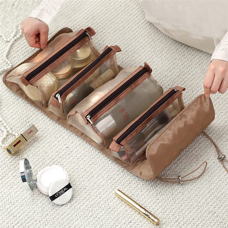Bluwings 4-in-1 Hanging Foldable Travel Cosmetic Organizer Bag - Detachable Makeup Pouch & Toiletry Bag for Women (Brown) | Perfect for Travel, Gym, and Daily Organization