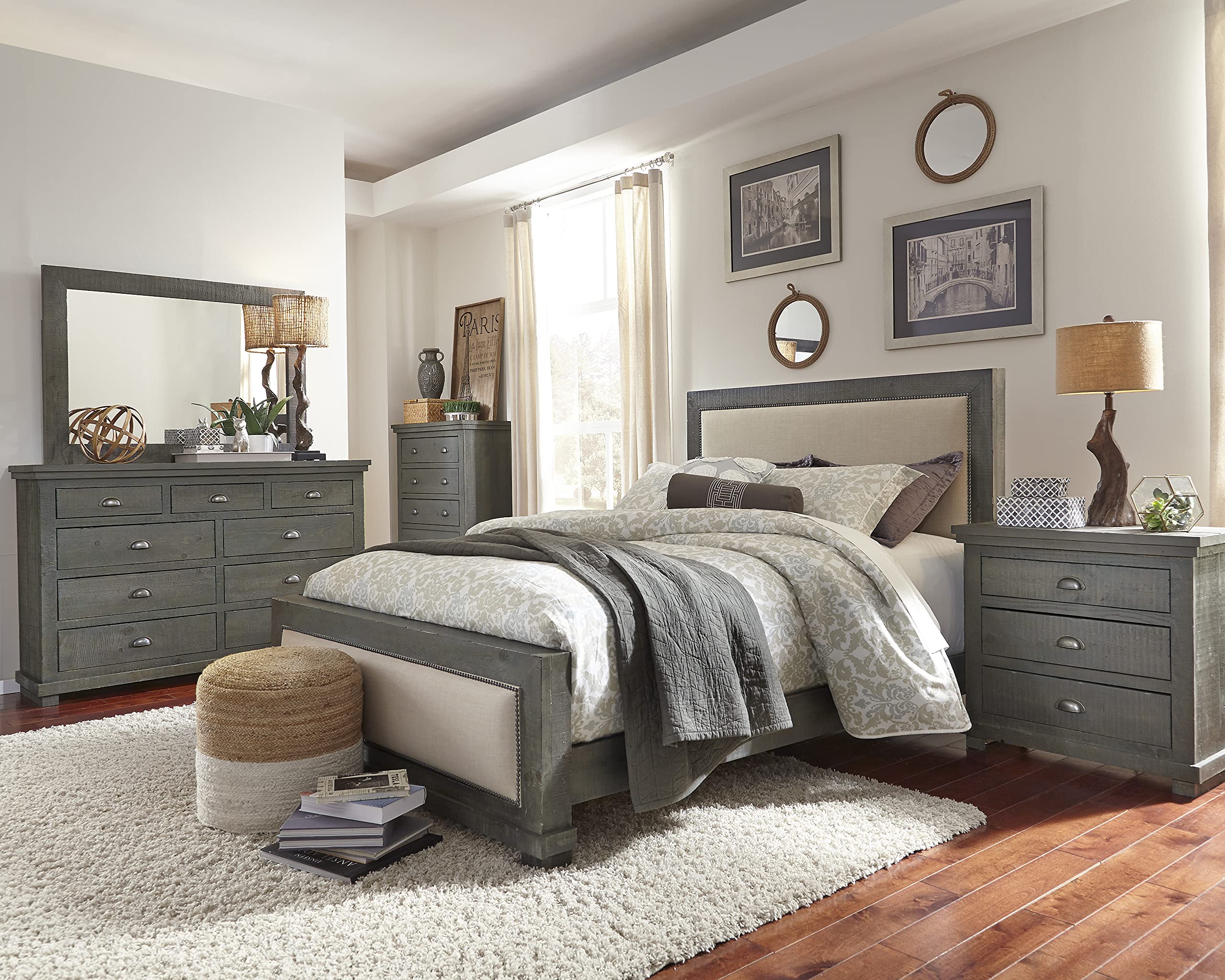 Progressive Furniture King Willow Upholstered Headboard in Distressed Dark Gray - Luxurious Bedroom Upgrade for Master Suite or Guest Room