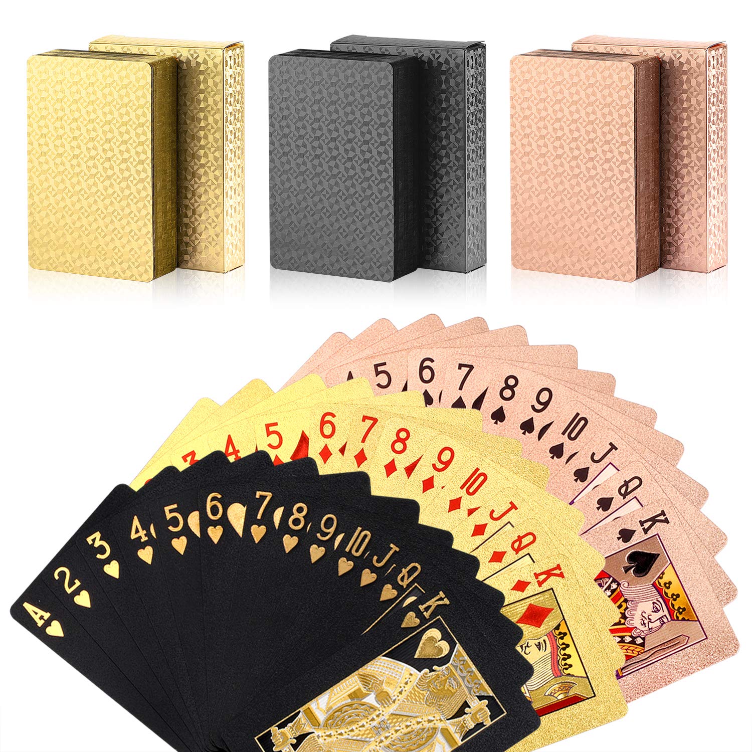 24K Gold Diamond Foil Poker Cards Set - 3 Decks Waterproof Plastic Playing Cards with Gift Box (Black, Gold, Rose Gold) - Perfect for Family Game Nights, Poker Parties & Magic Tricks