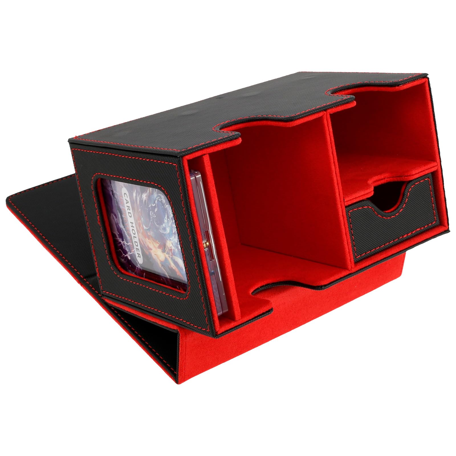 KTZCTPCA MTG Card Deck Box with Display Window - Holds 160+ Single-Sleeved Trading Cards, PU Leather Storage Box for Commander/TCG/CCG/Sports Cards (Red) - Perfect for Game Nights, Collectors & Card Protection