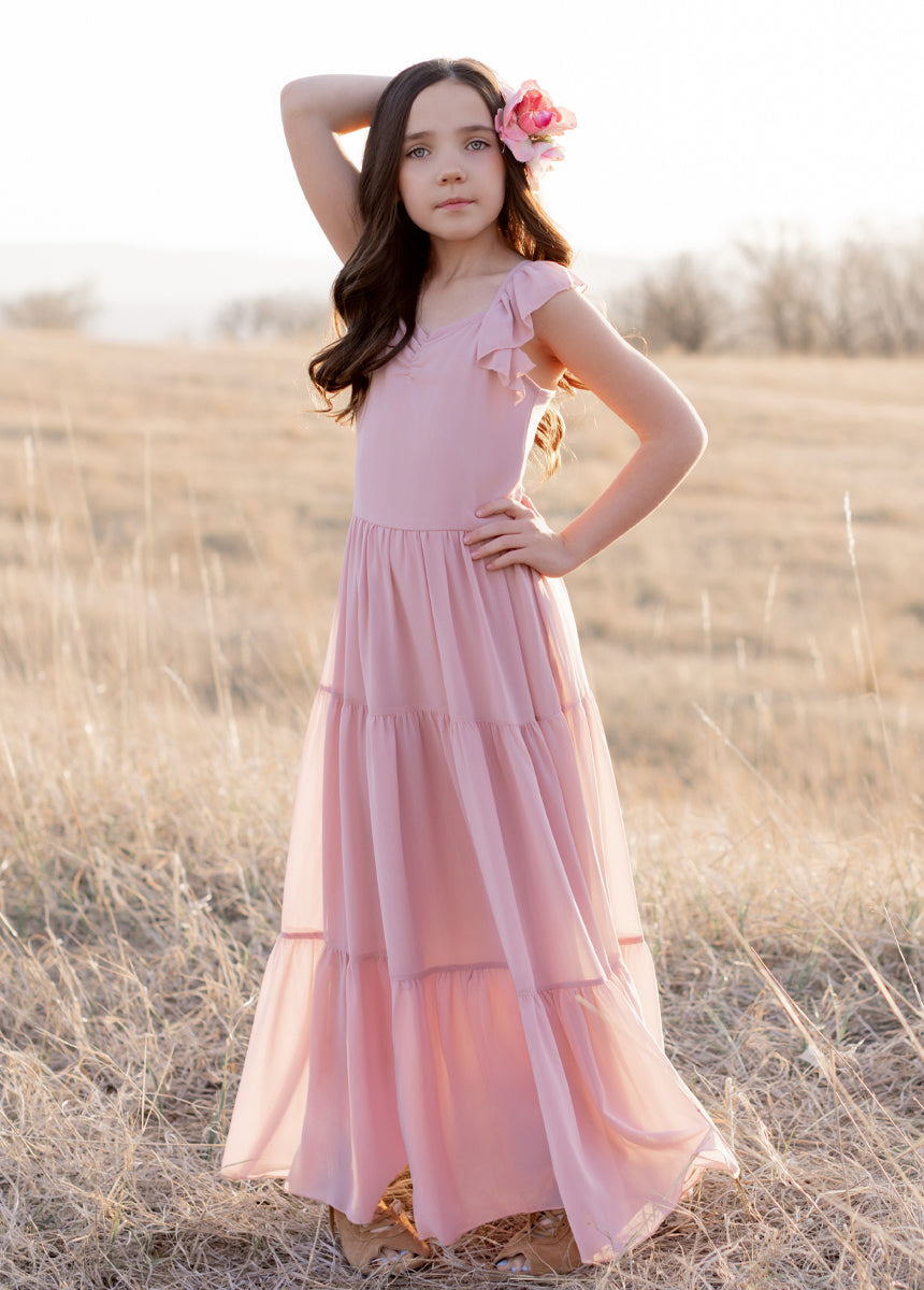 Varvara Women's Nude Pink Dress - Elegant Flowy Midi Dress for Wedding Guest, Cocktail Party & Special Occasions