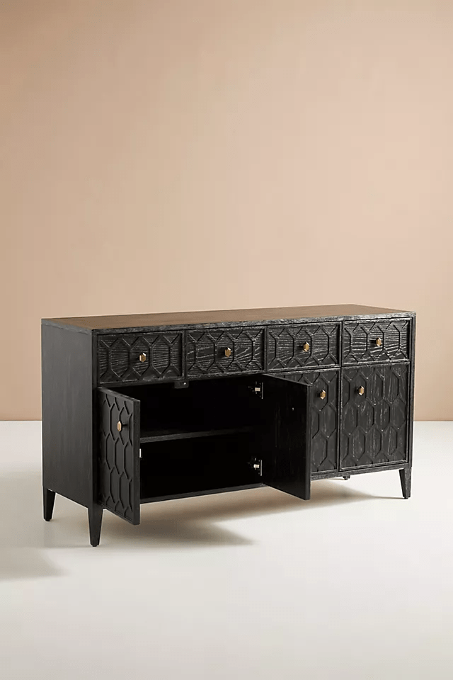 Hand Carved Textured Trellis Buffet Table - Black Indian Furniture for Dining Room & Living Room Storage