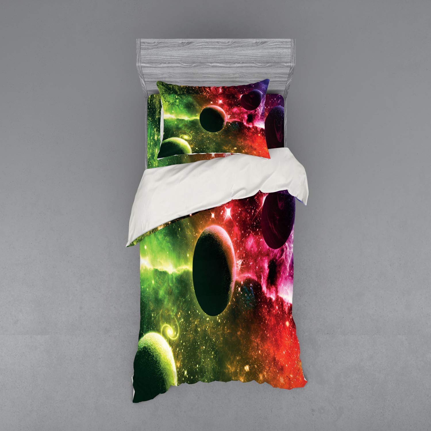 Ambesonne Psychedelic Duvet Cover Set - Space Universe Galaxy Nebula Stars & Planets Design - 3 Piece Bedding Set with Pillow Sham & Fitted Sheet - Twin XL Size - Vibrant Magenta Green - Perfect for Teen Rooms, Dorm Decor & Bohemian Bedroom Themes