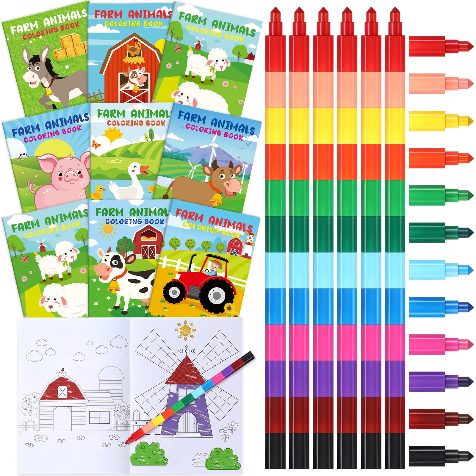 24-Piece Farm Animals Coloring Book Set for Kids with 24 Stacking Crayons - Barnyard Themed Activity Books, Classroom Supplies & Birthday Party Favors - Perfect for Preschool Learning, Farm-Themed Parties and Creative Play