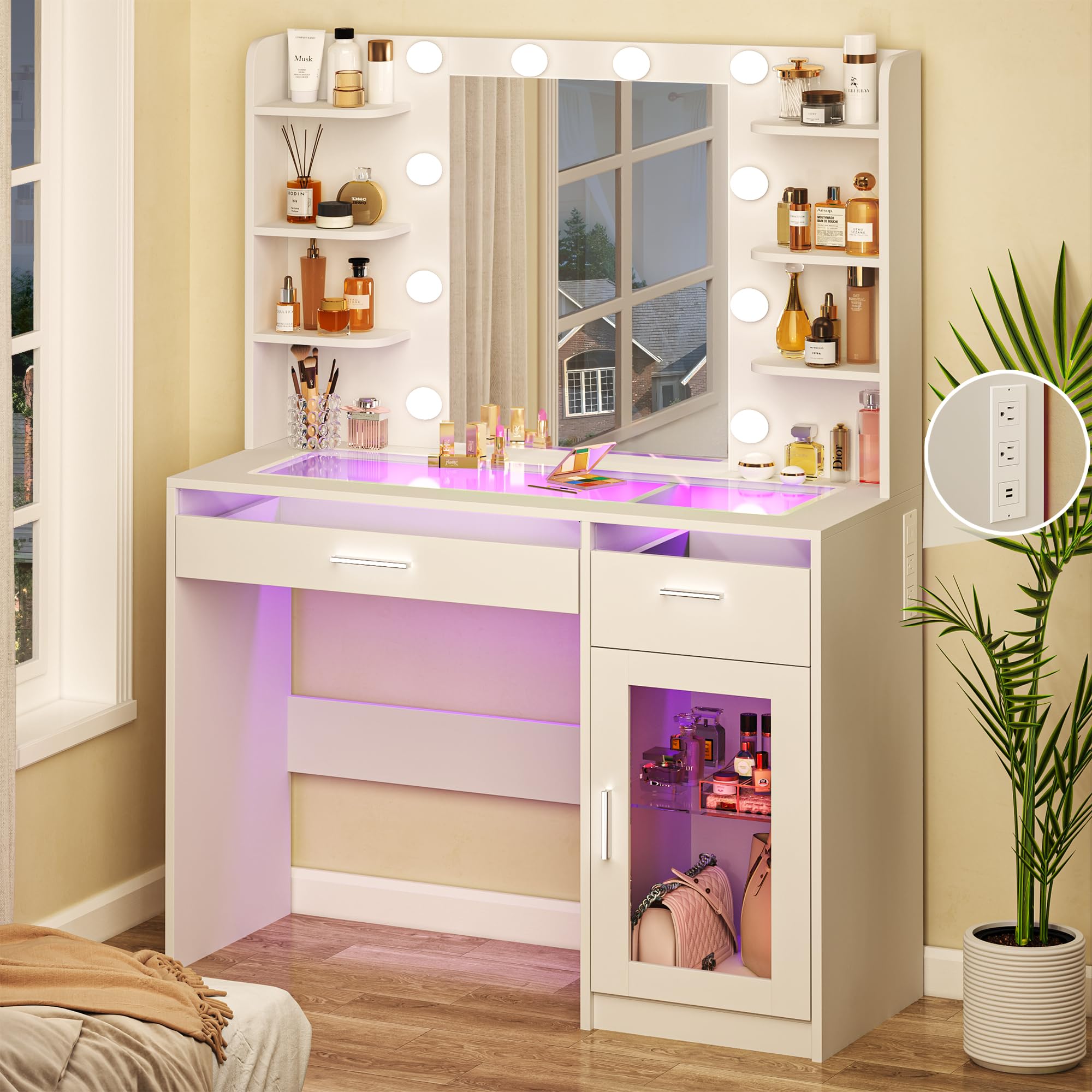 Vanity Desk with Mirror and LED Lights - 3 Color Adjustable Makeup Vanity Table with Transparent Top, 2 RGB Drawers & 6 Shelves - Large Tempered Glass Cabinet with Power Outlet - Perfect for Bedroom, Dressing Room or Beauty Studio (White)