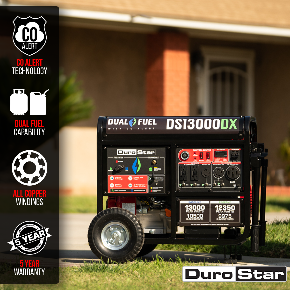 13,000W Dual Fuel Portable Generator with CO Alert - Gas & Propane Powered for Home Backup, Camping & Outdoor Power (EPA & CARB Compliant)