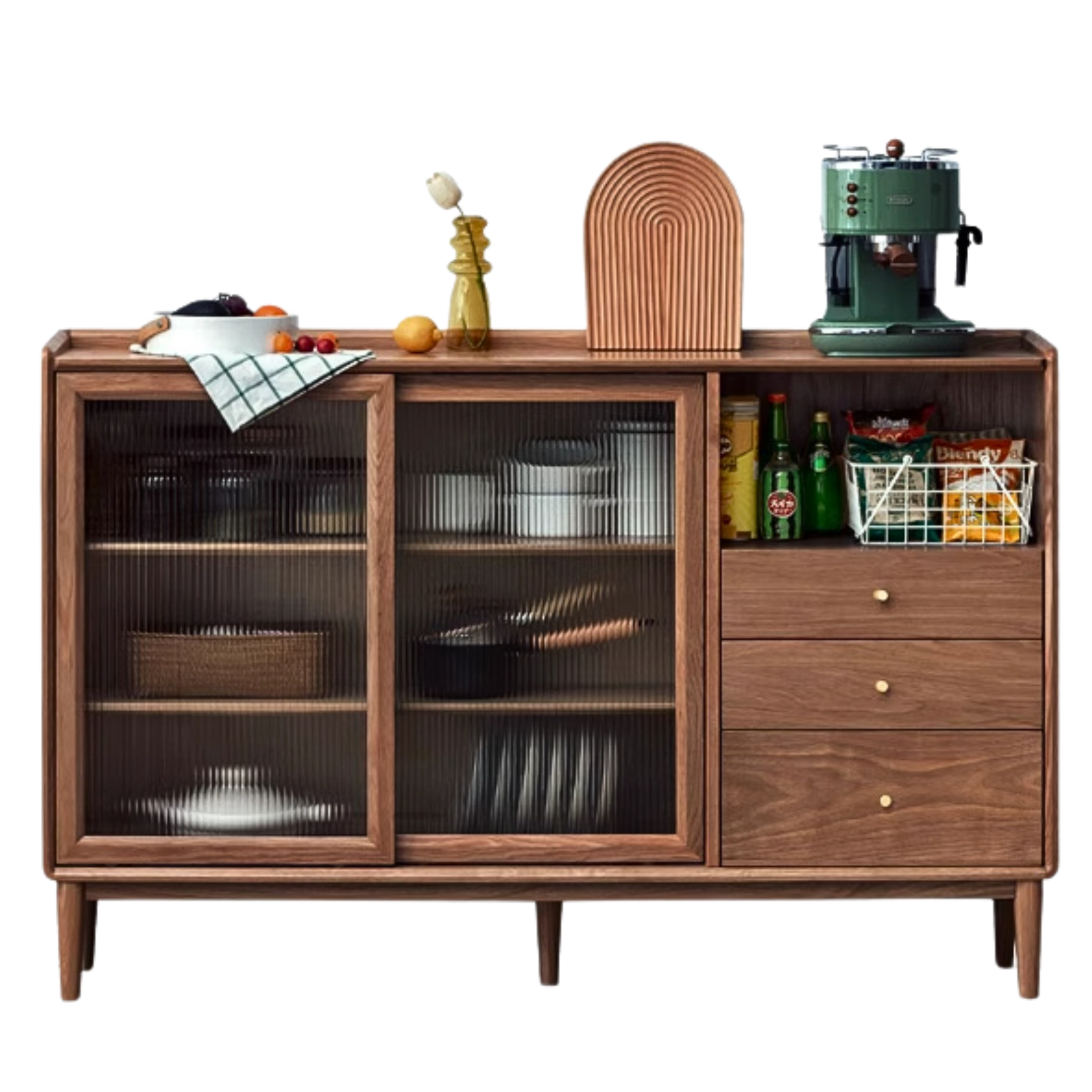 Modern Solid Wood Sideboard with Glass - Black Walnut & Oak - Perfect for Living Room, Dining Room, or Entryway Storage